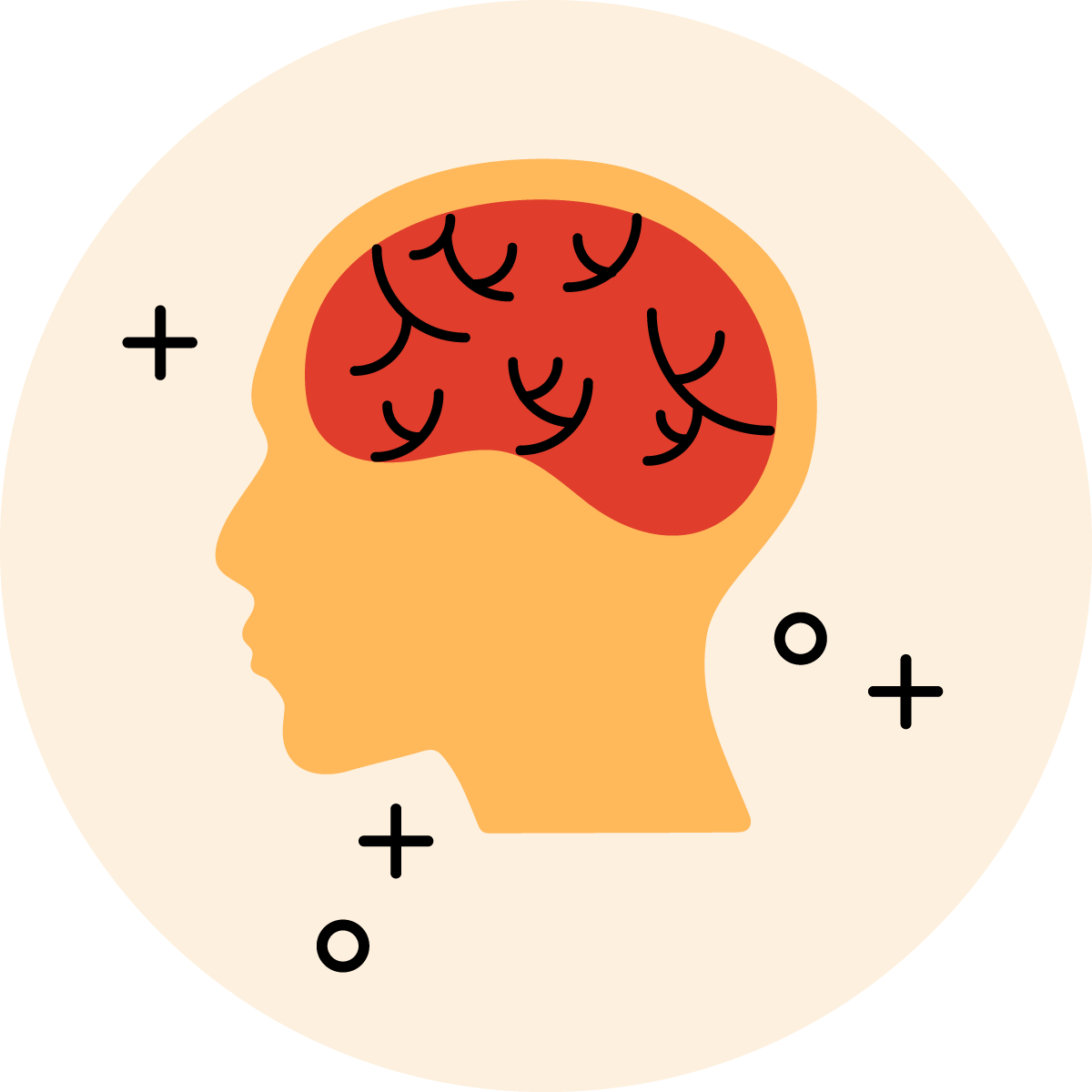 A stylized profile of a head with a highlighted brain, illustrating mental activity or stress.