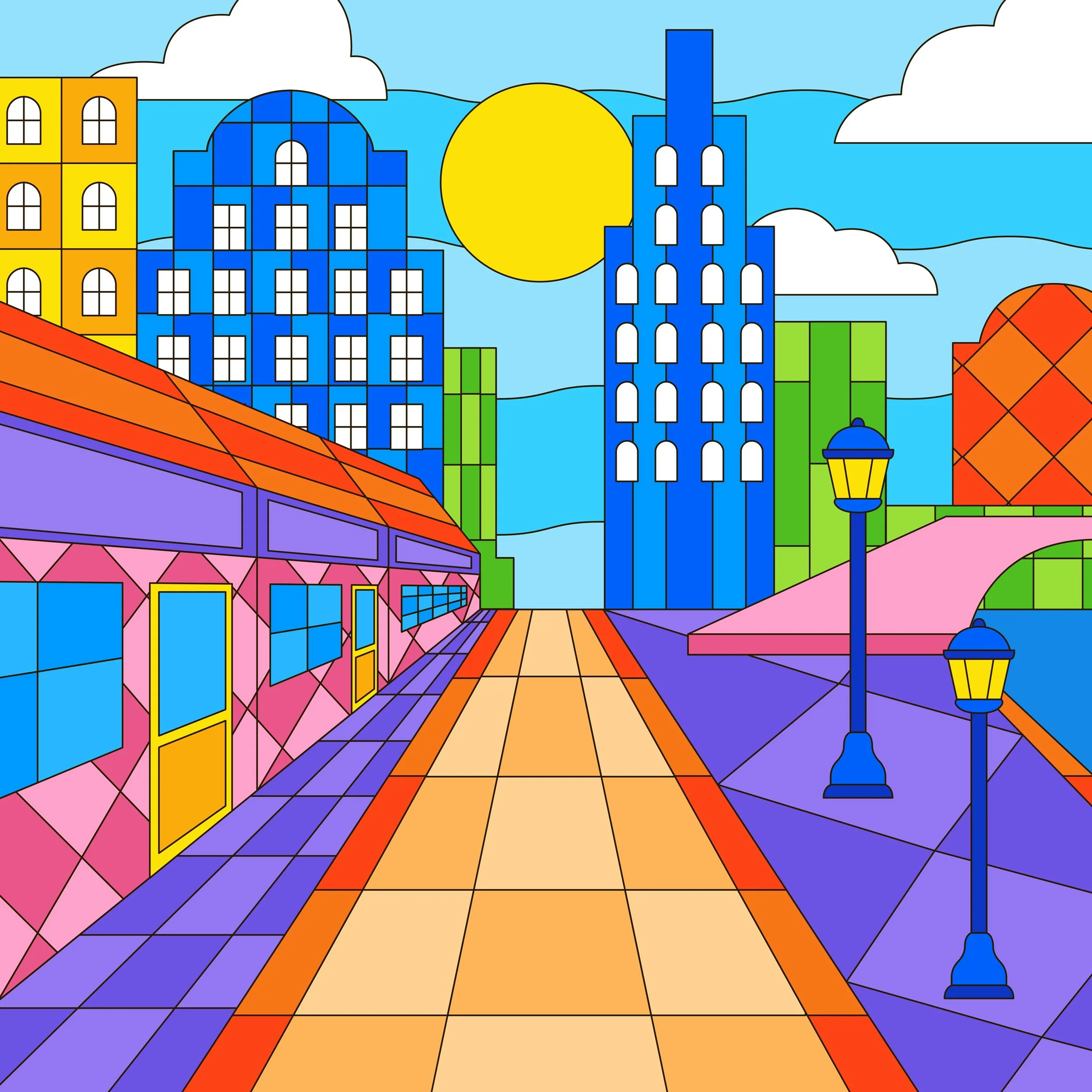 A vibrant, geometric illustration of a colorful cityscape with stylized buildings, a bright sun, and a walkway lined with streetlamps.