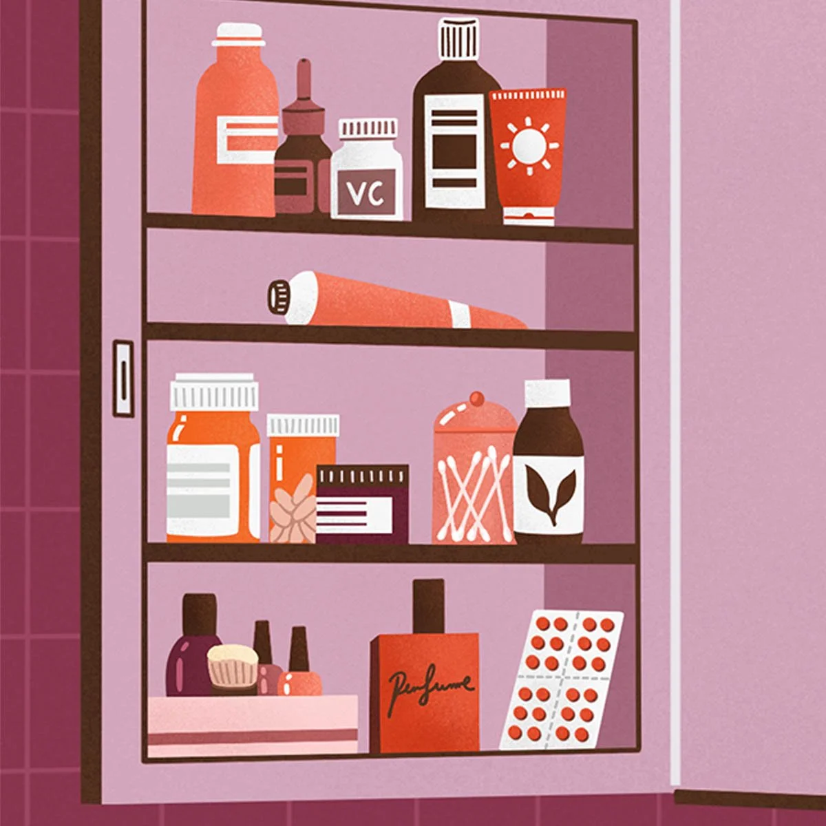 A pink medicine cabinet with bottles and creams on each shelf.