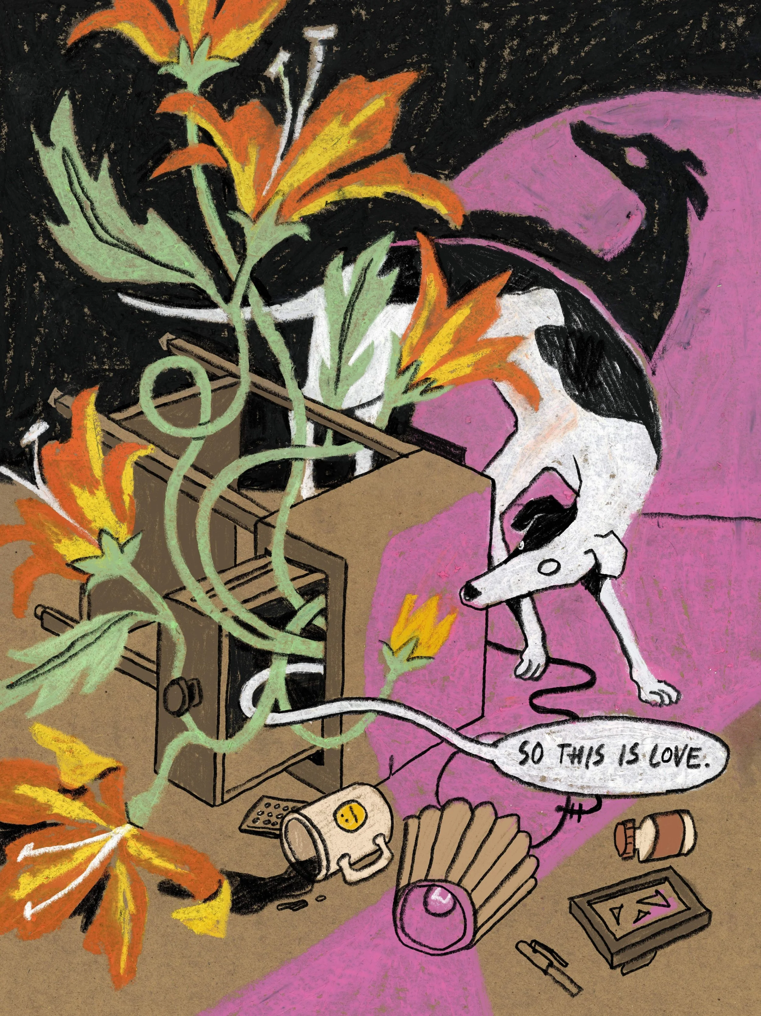 A surreal illustration of a dog emerging from a television surrounded by blooming flowers and scattered objects, with the phrase “so this is love.”