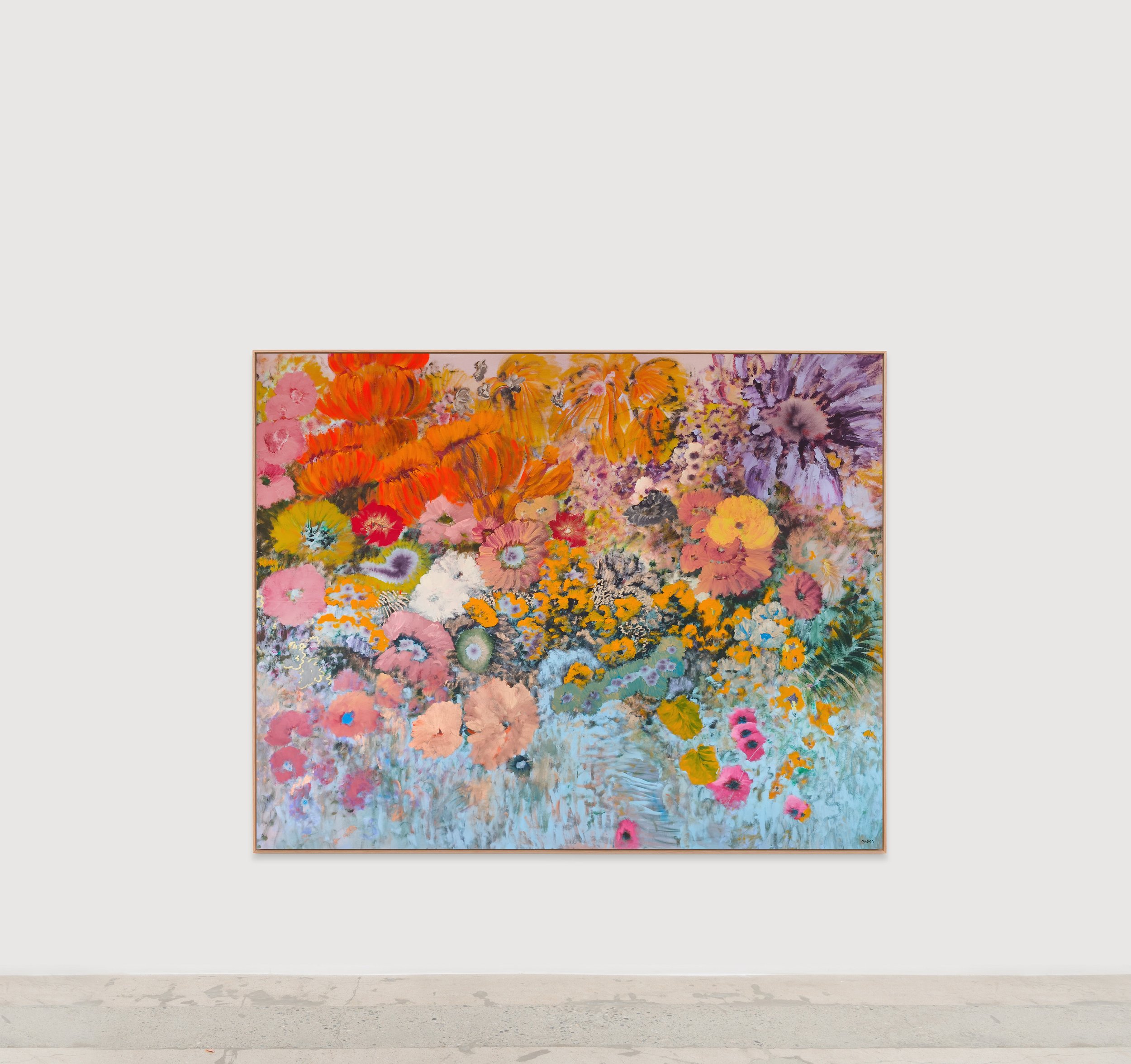 A luminous, large-scale floral painting bursts with orange, pink, yellow, and lavender blooms cascading across a soft blue ground, evoking a sun-drenched garden in full vitality.