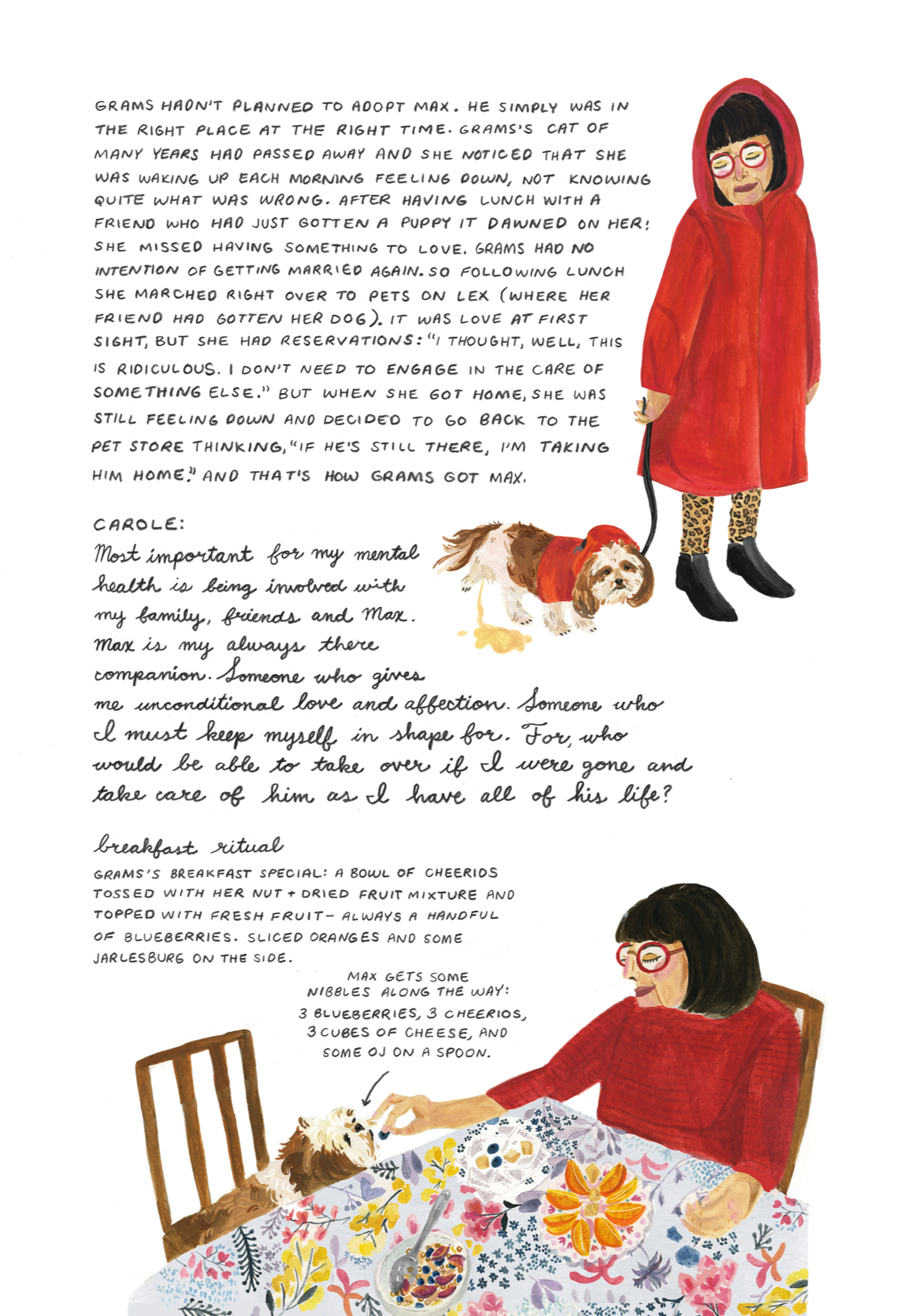 A hand-drawn illustration of an older woman in a red coat walking her small dog, paired with handwritten text about companionship, mental health, and daily rituals like sharing breakfast.