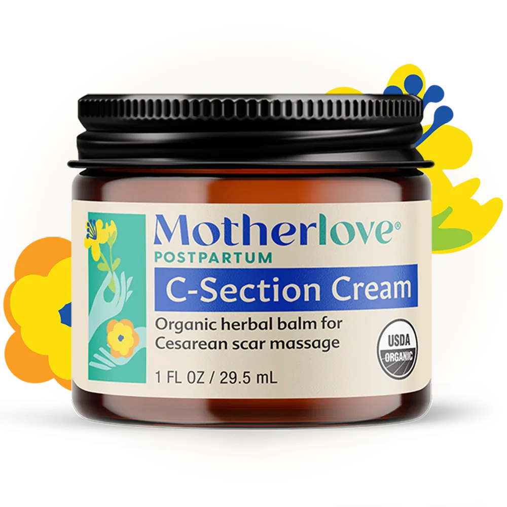 Jar of Motherlove Postpartum C-Section Cream, an organic herbal balm for cesarean scar massage and recovery.