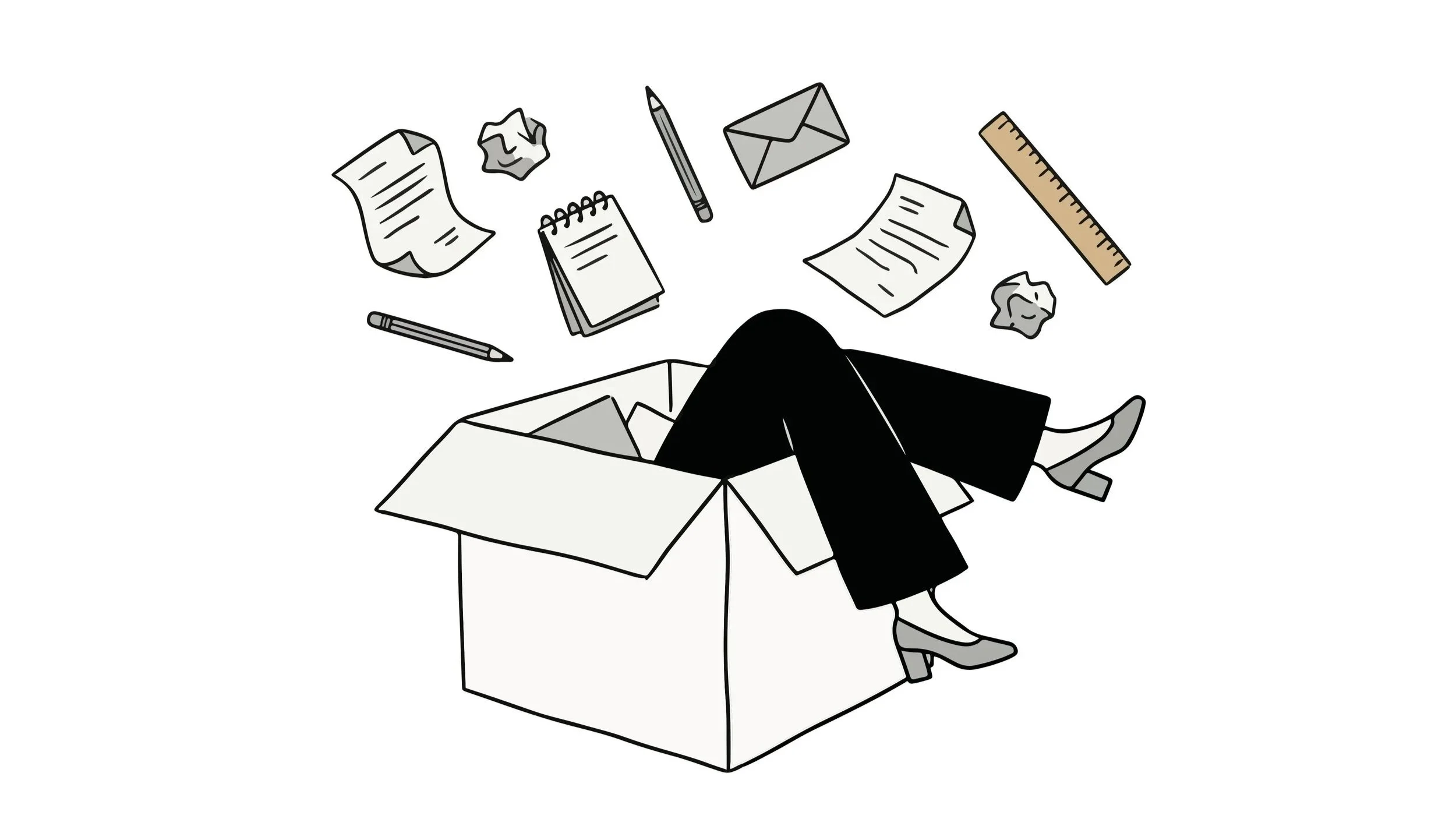 A minimalist illustration of a person sitting inside a box with only their legs visible, while papers, a notebook, a pencil, and other items float around, suggesting stress or overwhelm.