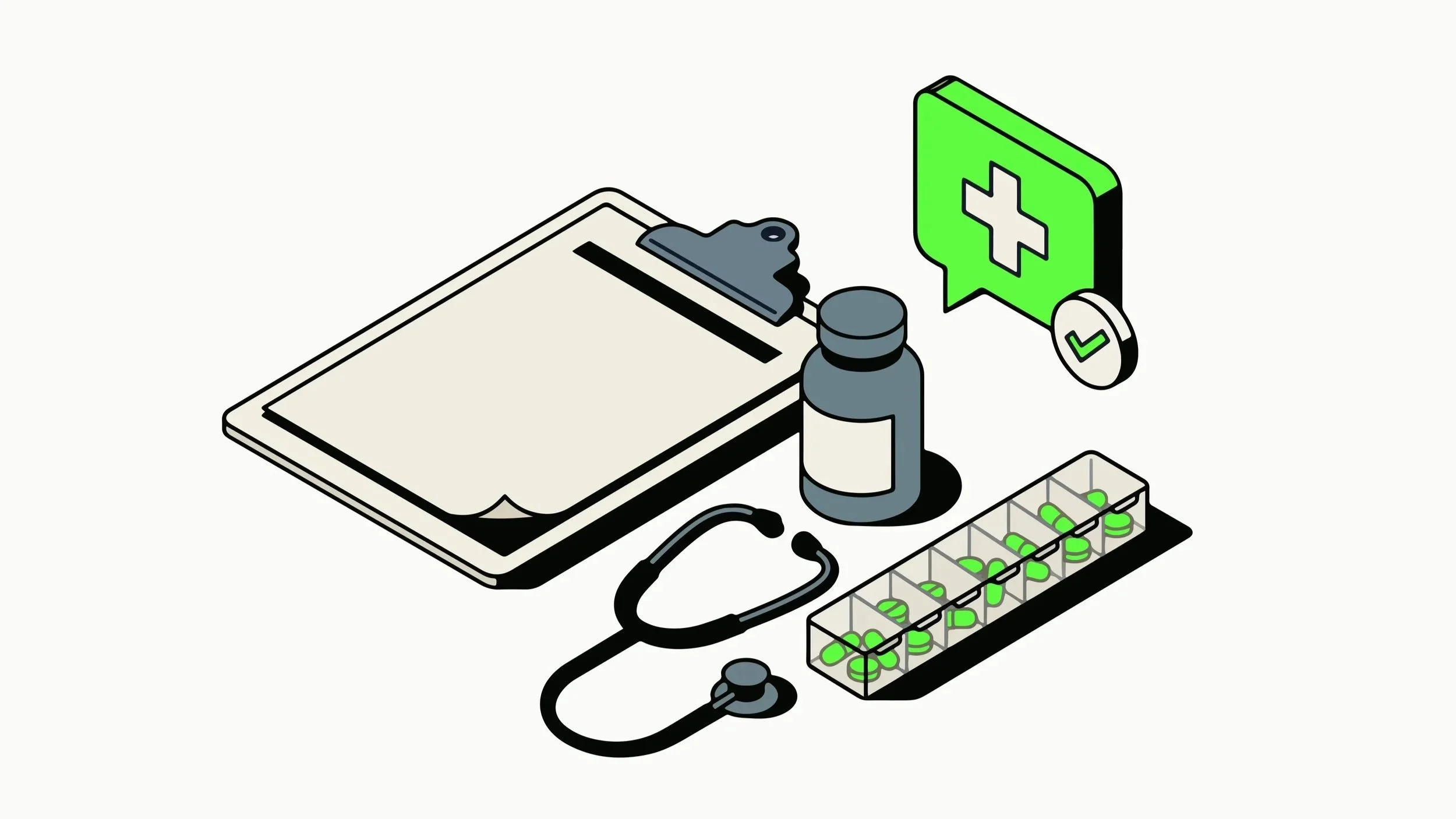 A stylized illustration of healthcare items including a clipboard, medicine bottle, pill organizer, and stethoscope, alongside a green medical cross icon.