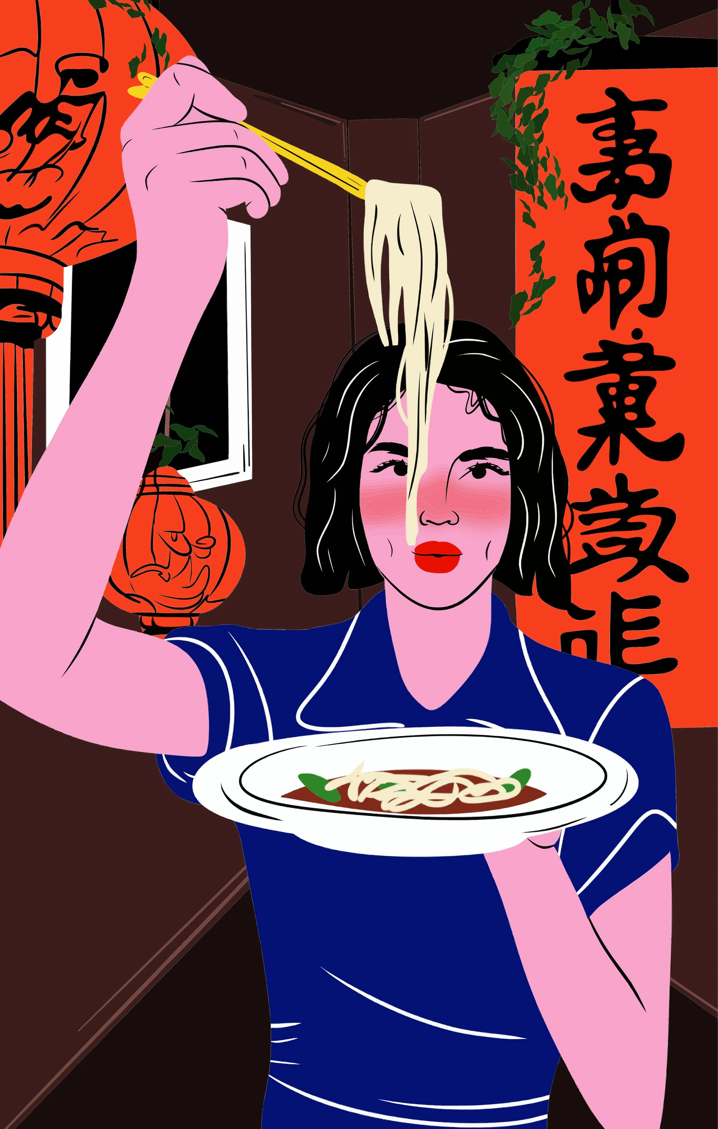 Illustration of a women holding up noodles with chopsticks in a restaurant.