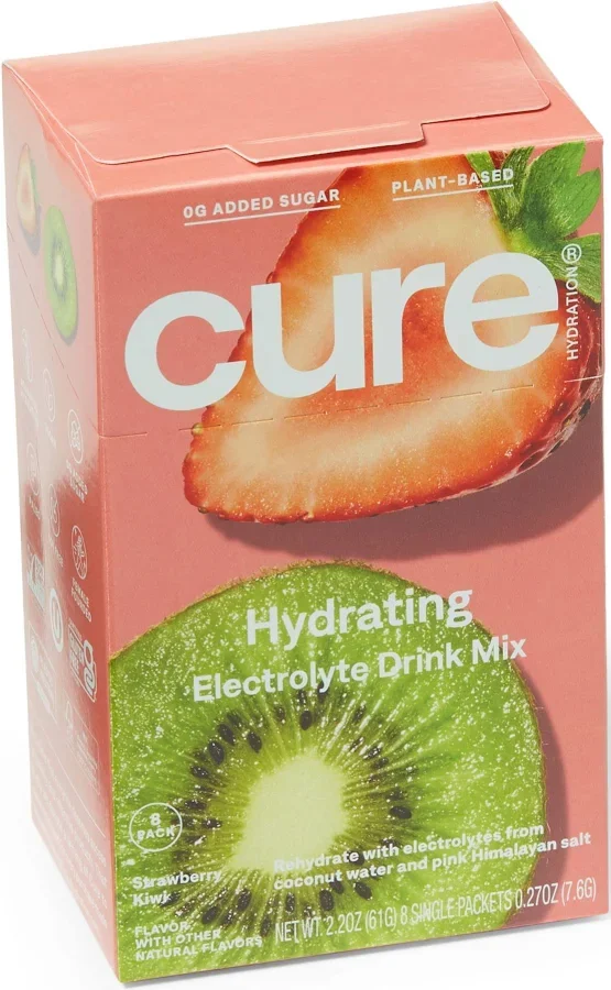 Cure Hydration Strawberry Kiwi electrolyte drink mix with zero added sugar, plant-based ingredients, and coconut water electrolytes for daily hydration.