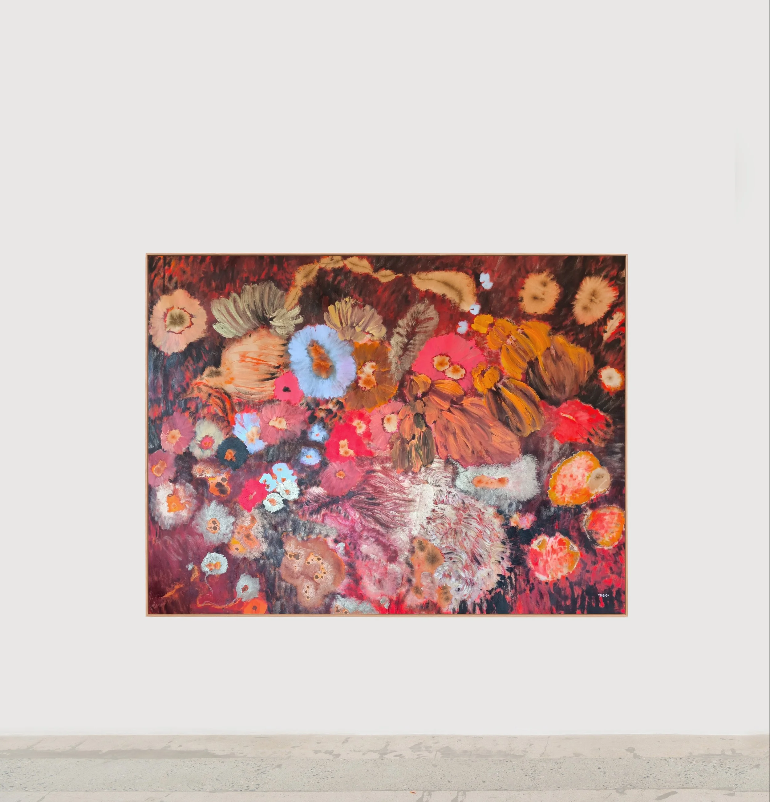 Set against a deep crimson backdrop, a dense constellation of flowers in coral, blush, ochre, and pale blue radiates outward, creating a lush, almost nocturnal bouquet charged with heat and movement.