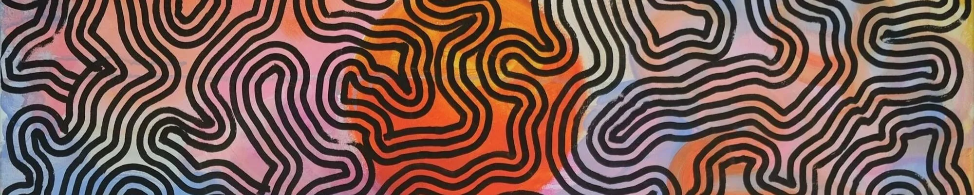 An abstract pattern of thick, wavy black lines flows across a vibrant background of blended orange, pink, and muted pastel tones.