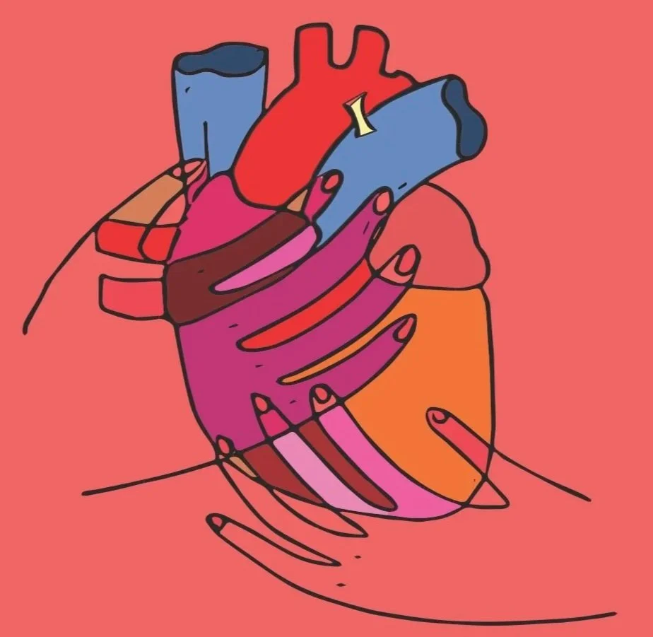 Illustration of colorful human heart anatomy held by hands, symbolizing care, health, and emotional well-being.