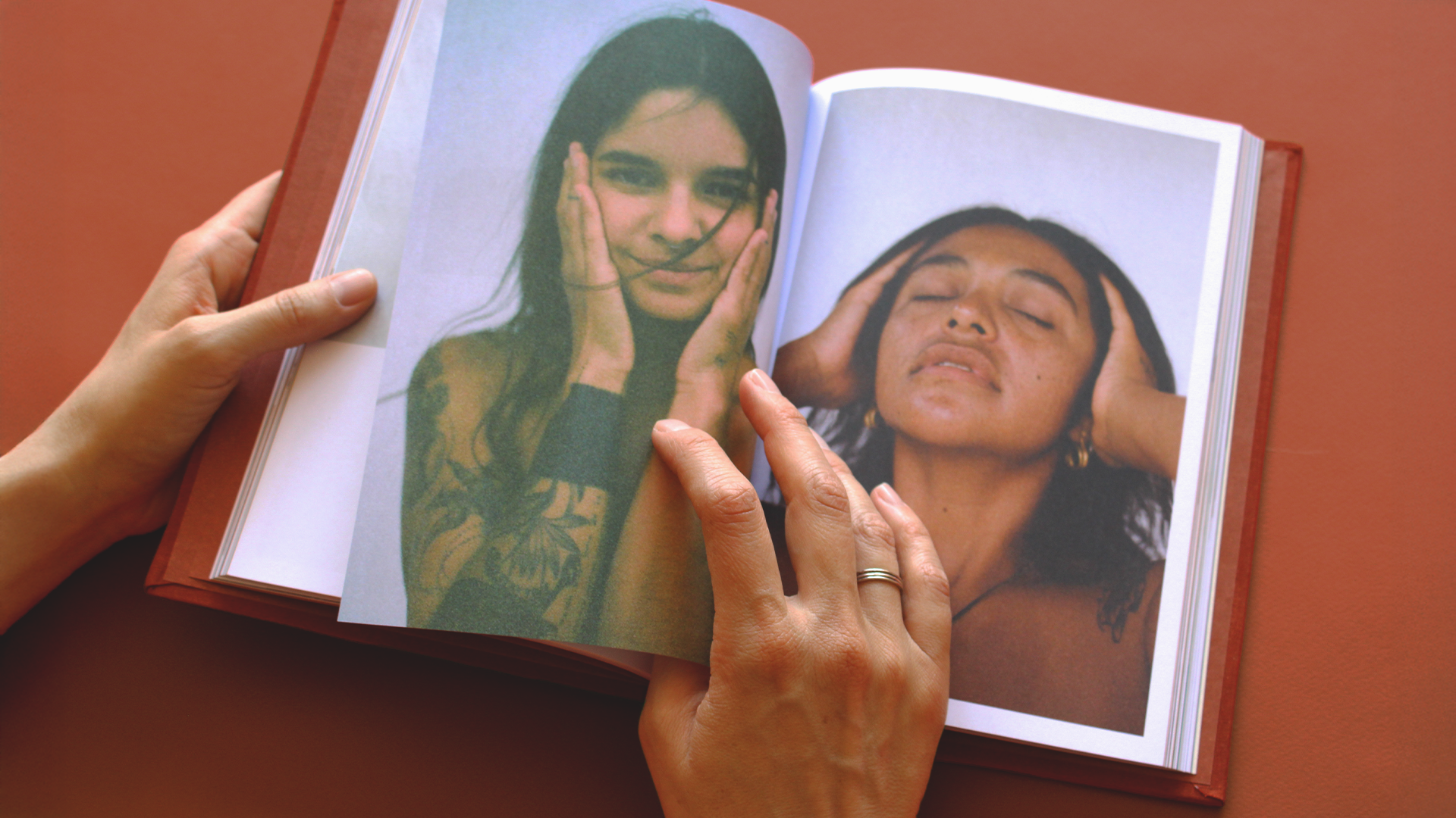 A pair of expressive analog portraits from Madre shows two women in quiet, emotional poses, emphasizing vulnerability, softness, and human connection.