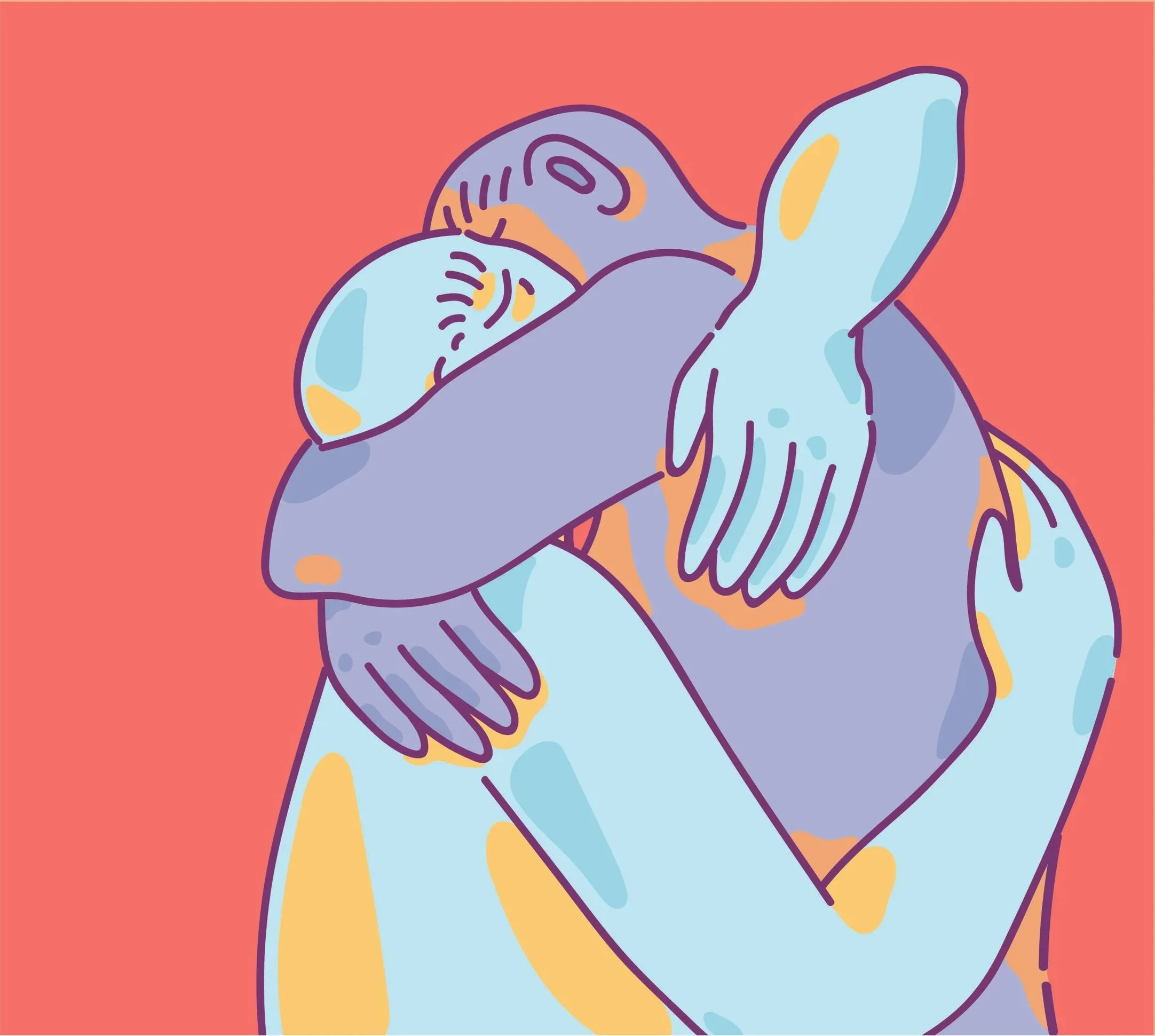 Two people hugging gently on a red background.