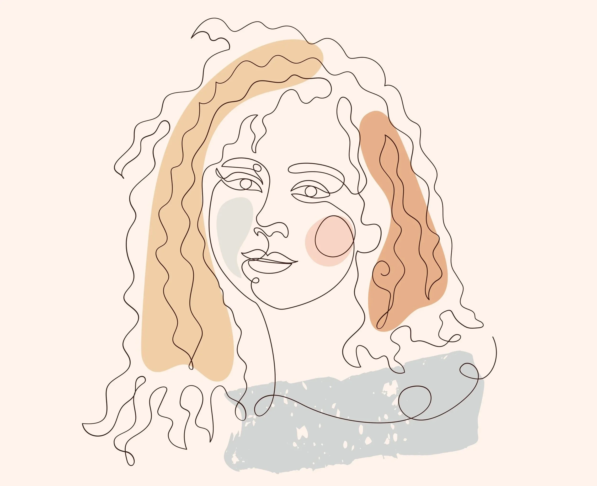 A minimalist line-art portrait of a woman with flowing hair, accented by soft, abstract patches of muted color.