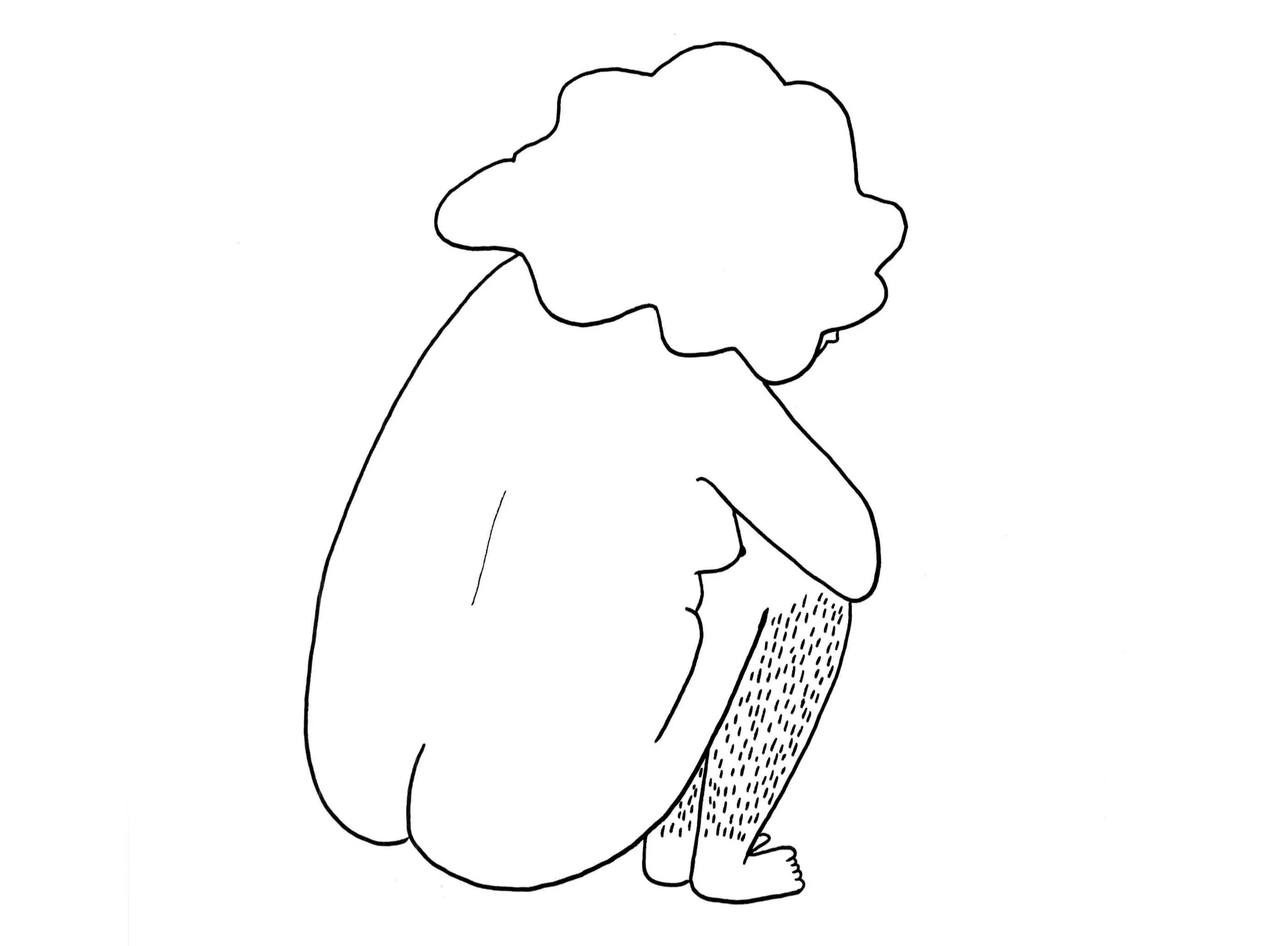 An illustration of a person with their back turned, naked, and crouched over with hairy legs.