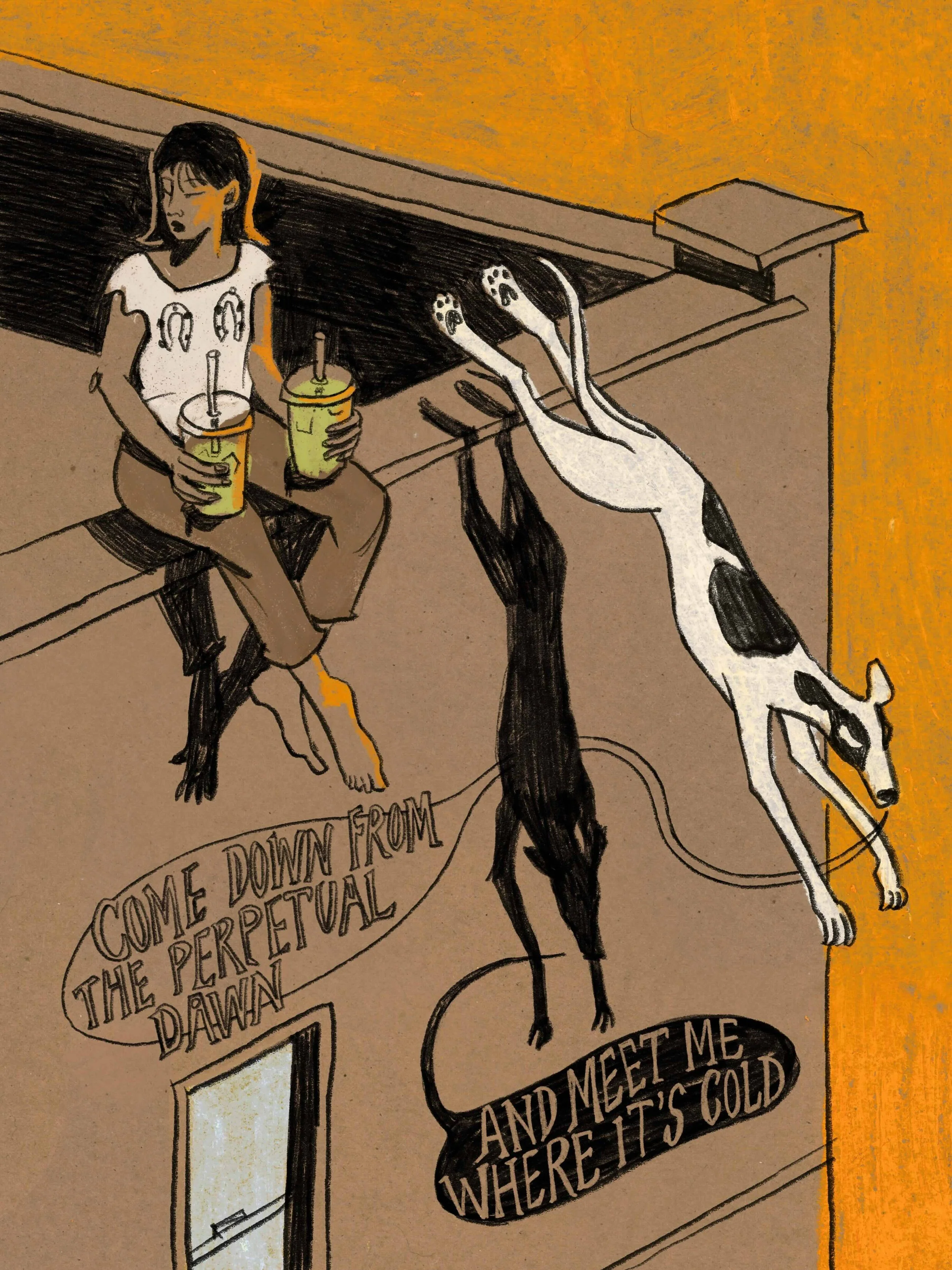 A person sits on a ledge holding two drinks beside a stretched, surreal dog against a vivid orange background, accompanied by handwritten text about “the perpetual dawn.”