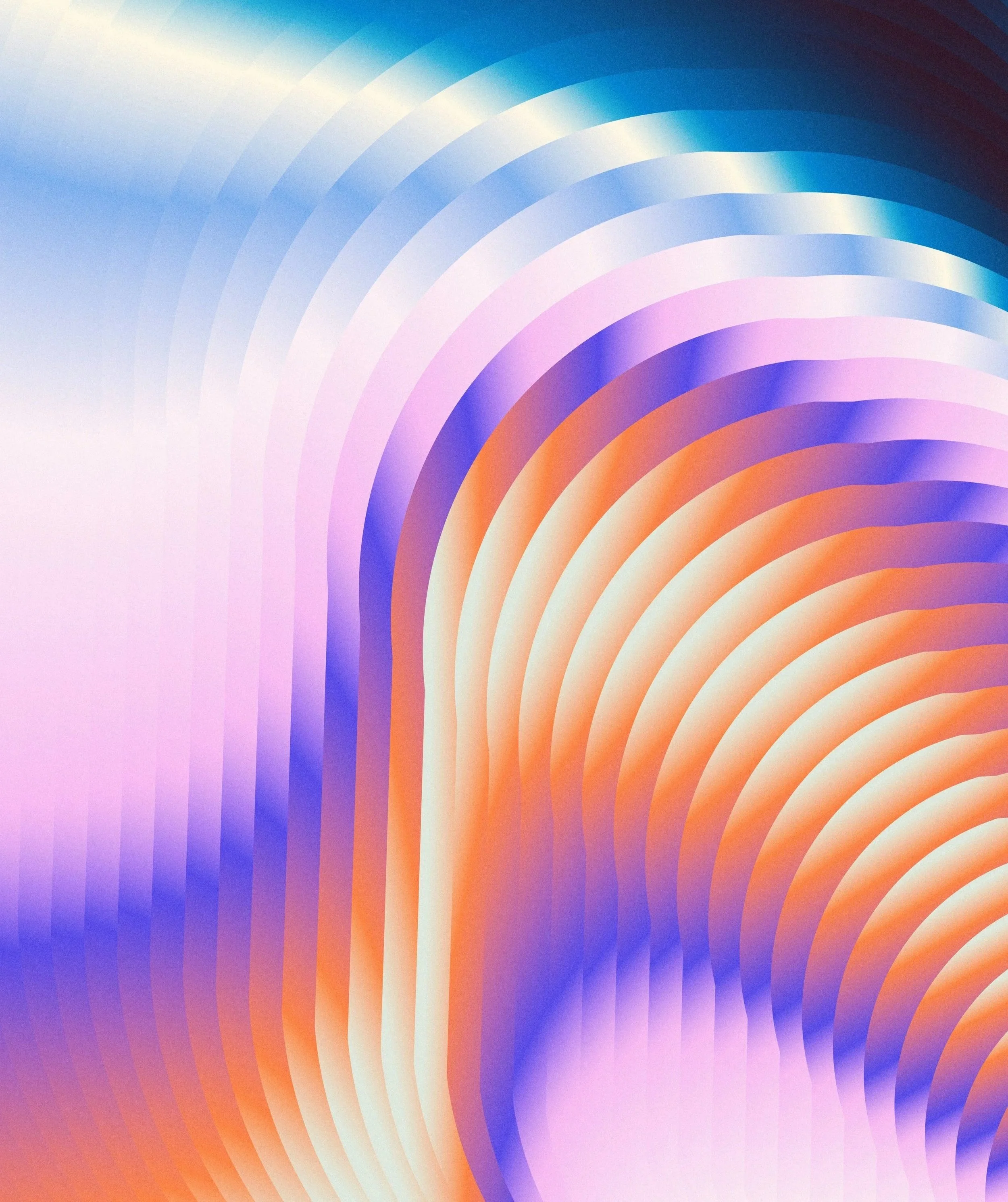 A vibrant abstract composition of layered, curved lines in gradient hues of blue, purple, and orange, creating a sense of depth and movement.