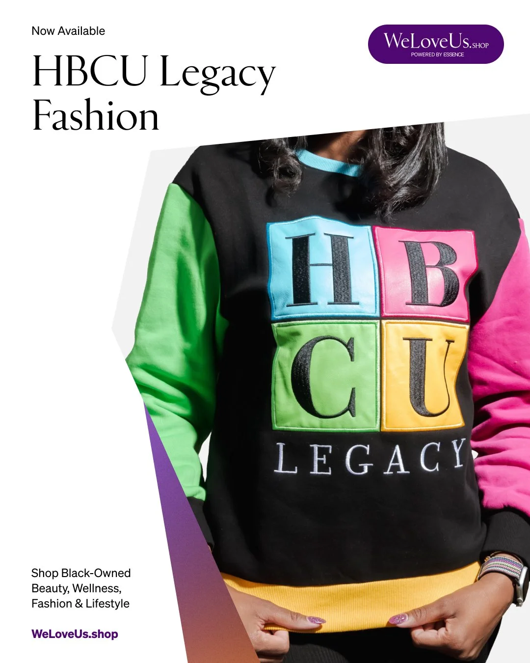 HBCU Legacy colorblock sweatshirt celebrating Black college culture, available at WeLoveUs.shop.