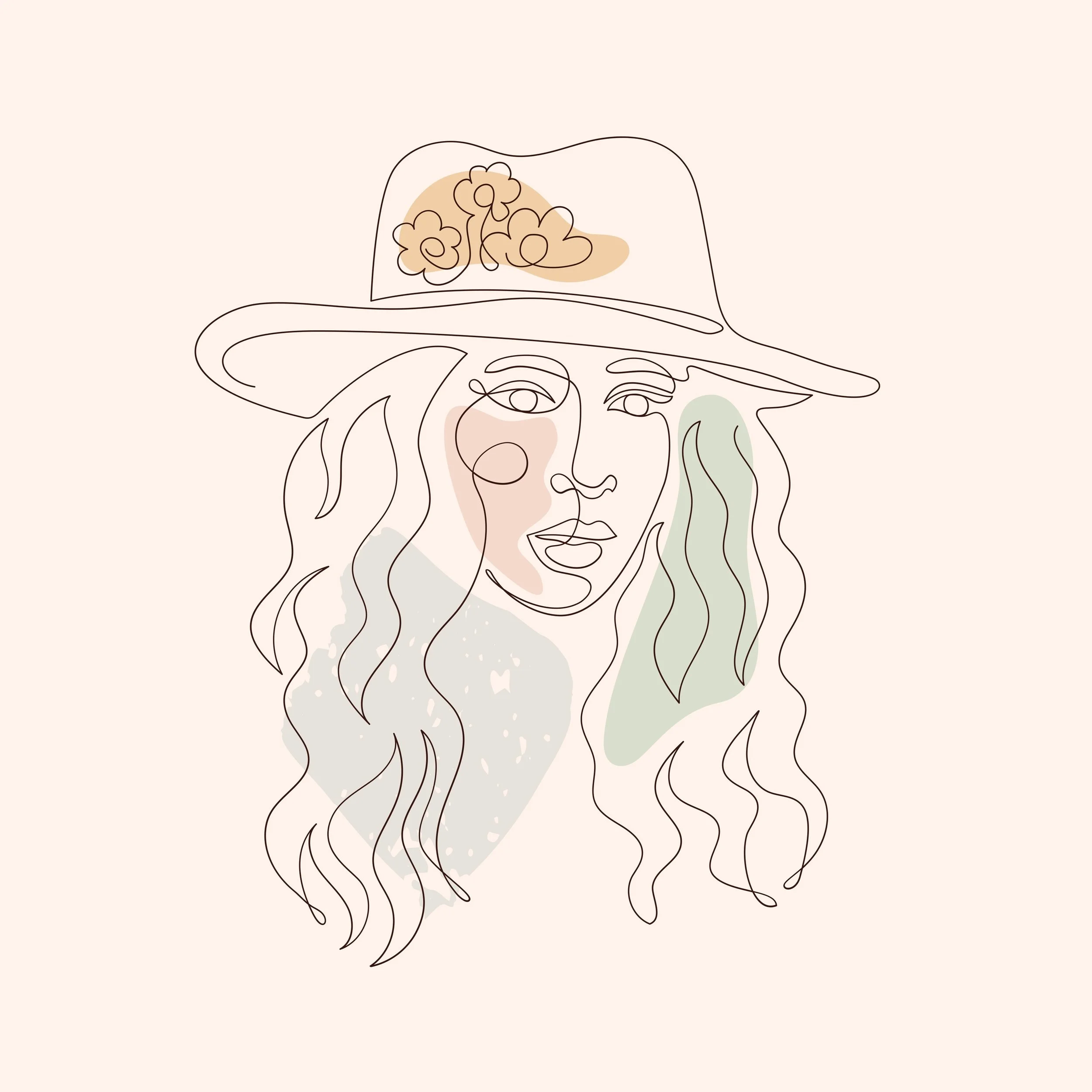 Line drawing of a woman with long hair in a hat with flowers on it. Shades of green and tan across her face, hair, and background.