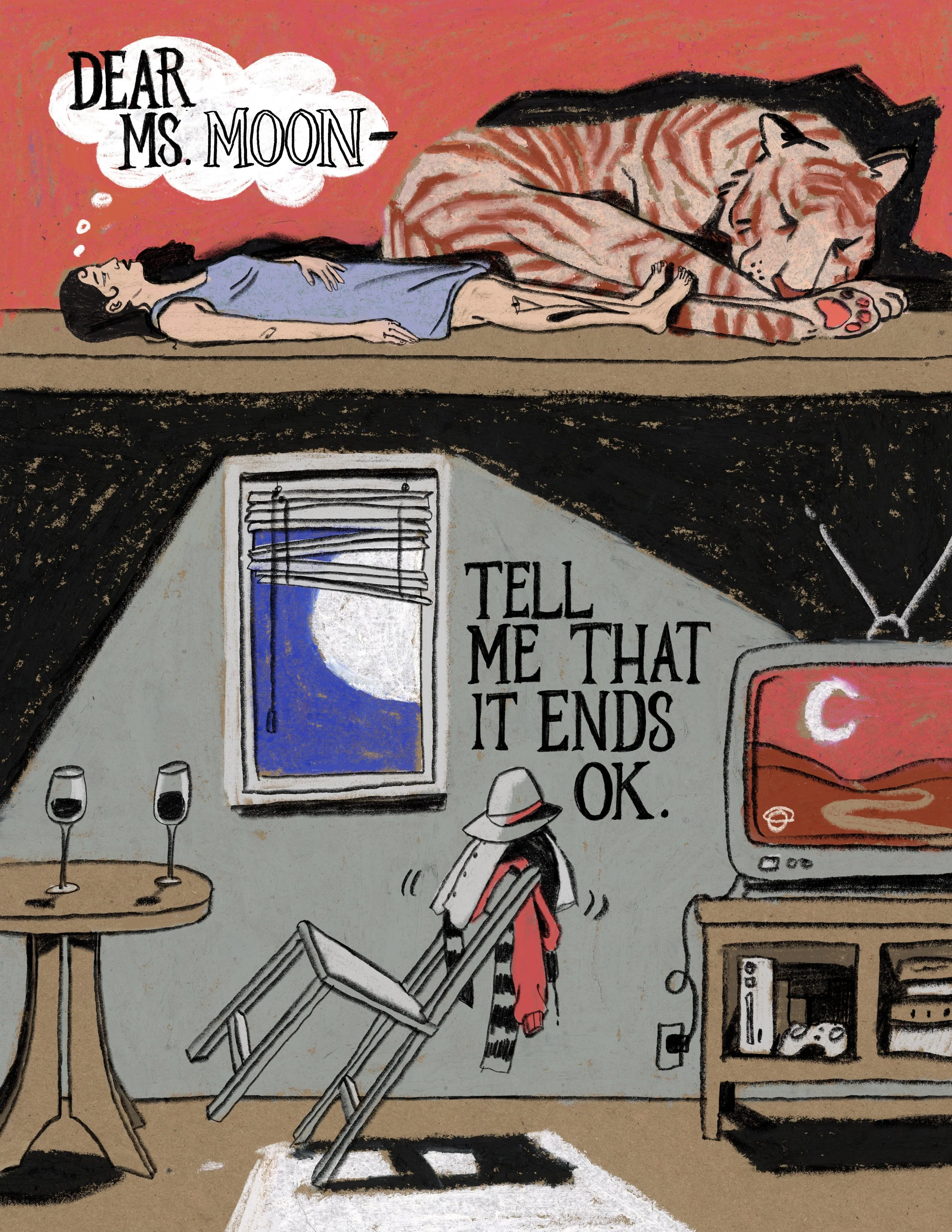 A dreamlike split scene shows a person lying beside a large cat on a rooftop above a quiet interior room, with text addressing the moon and longing for reassurance.
