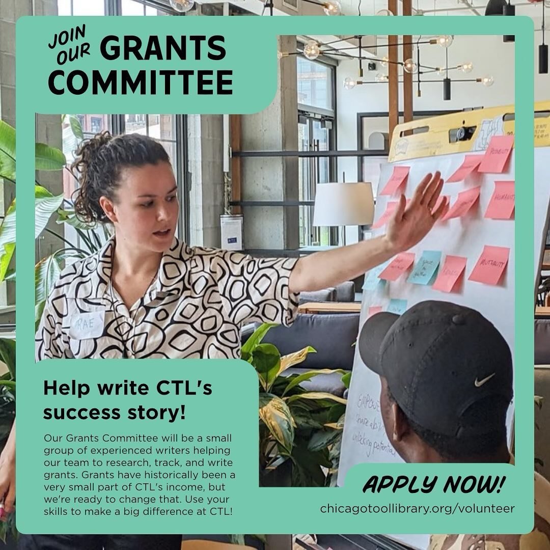 Want to use your writing or researching skills to help the Tool Library reach new heights? Join our new Grants Committee!

Visit chicagotoollibrary.org/volunteer to see how you can make a big impact at our little organization &ndash;&nbsp;we hope to 