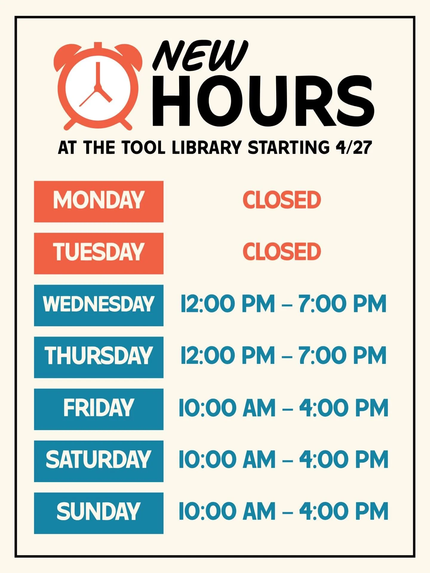 🔥BIG NEWS: we are expanding our hours later this month and adding SUNDAYS to the schedule!!!!!!🔥

Starting soon our hours will be:
&bull; WED 12-7pm
&bull; THU 12-7pm
&bull; FRI 10am-4pm
&bull; SAT 10am-4pm
&bull; SUN 10am-4pm
