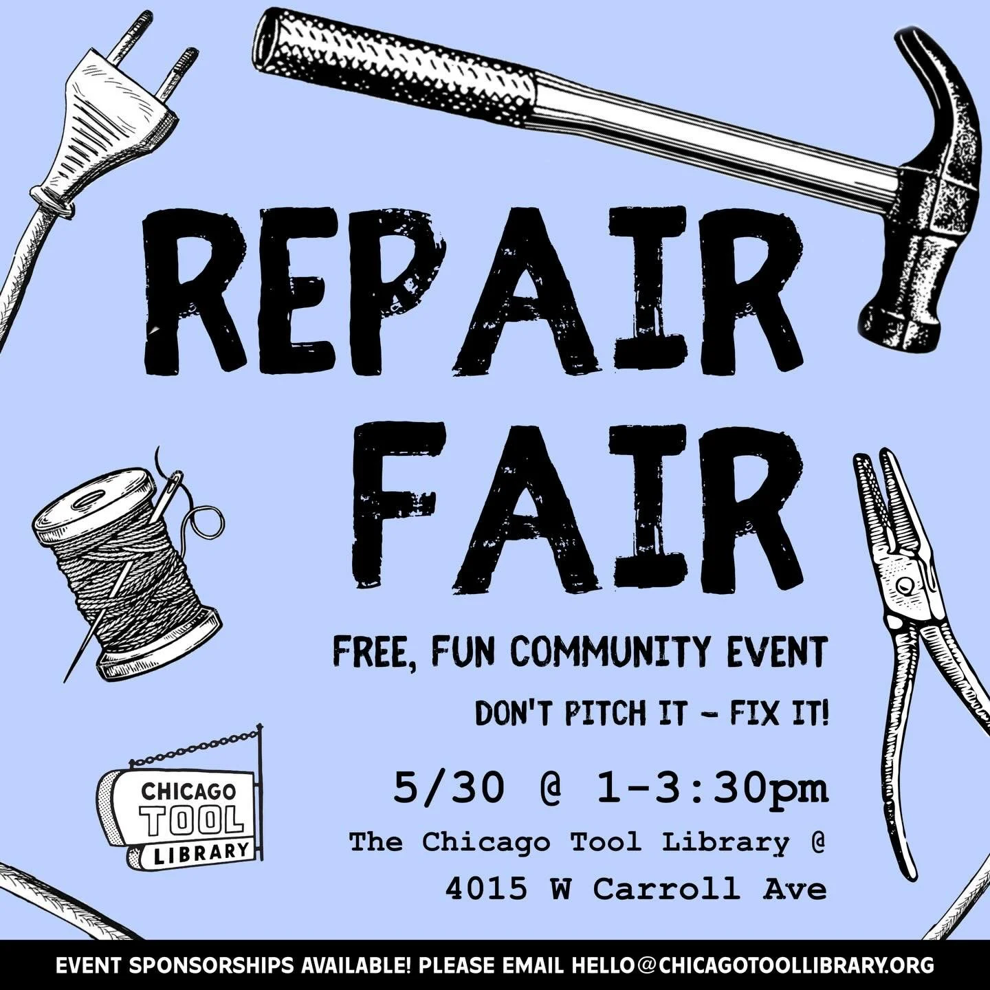 Mark your calendar now for our next Repair Fair on 5/30! 🛠️🪛🔬🧵🚲🔌💡

Repair Fairs are free community events where you can bring your broken and beloved bikes, clothes, appliances, and more and our skilled repair volunteers will fix them.

Depend