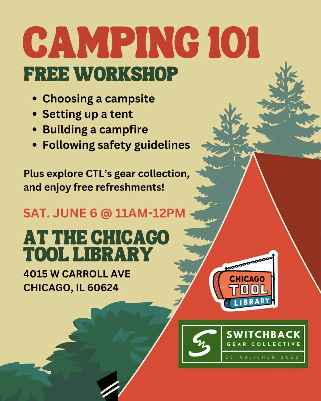 🗓️Join us on Saturday, June 6th at the Chicago Tool Library for a FREE ✨Camping 101 Workshop✨ presented by @switchbackchicago !

Learn useful skills like:
🌲Choosing a campsite
⛺️Setting up a tent
🔥Building a campfire
🧯Following safety guidelines
