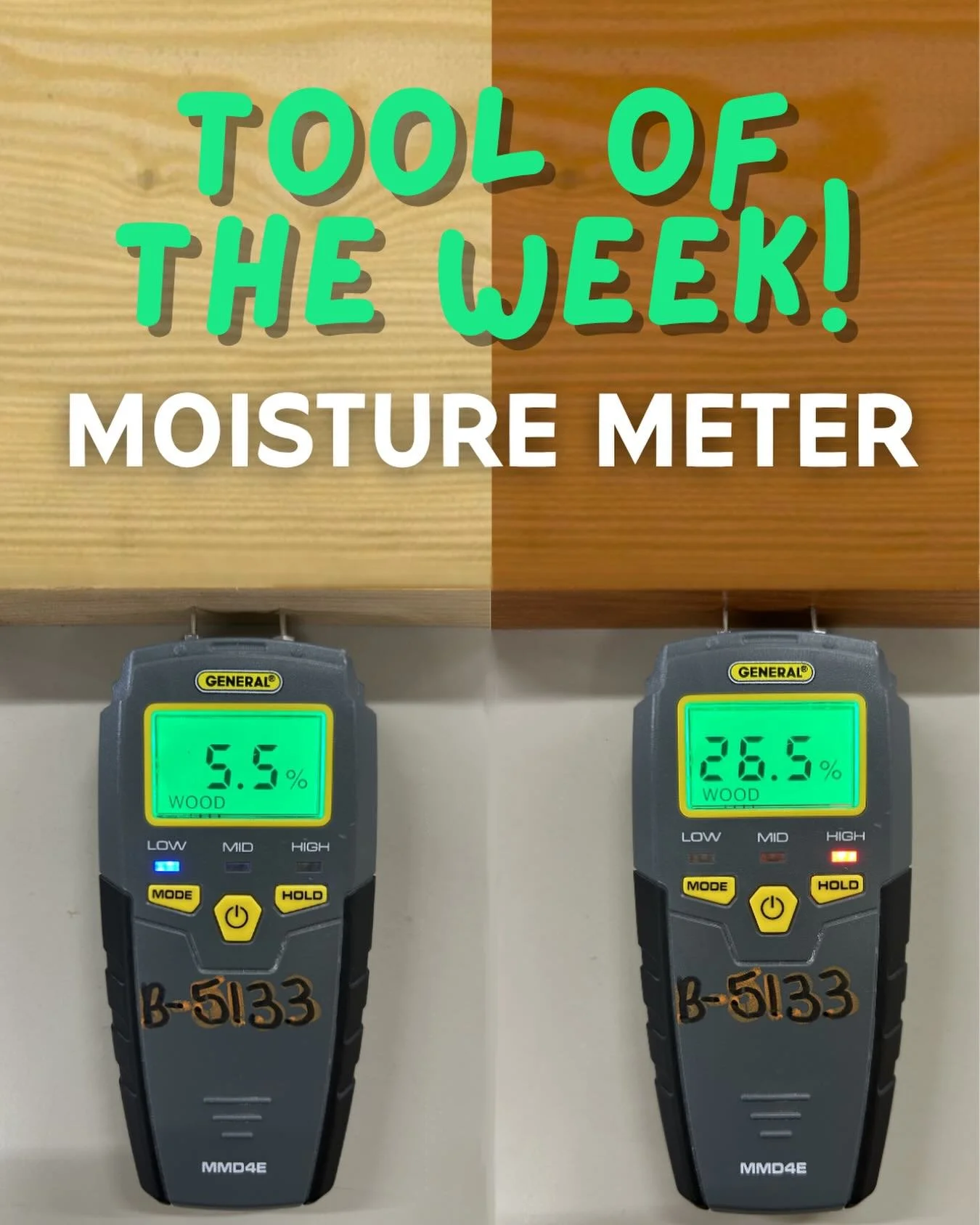 ⚡️Our Tool of the Week is the moisture meter!⚡️

This tool measures the percentage of water in wood. You can use it to test how dry your deck or fence is before staining it; test firewood before burning; test kiln dried wood before doing woodworking 