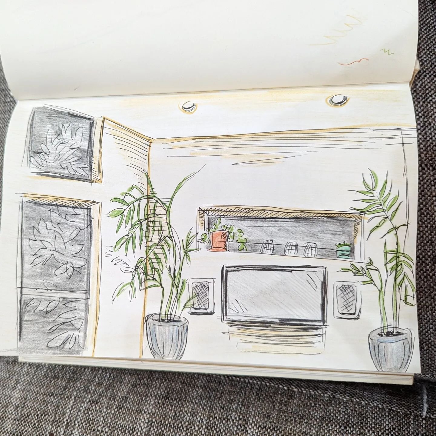 New living room at night, ceiling shortened to fit. Nice to be back on analog pen + paper. #juliadoodle