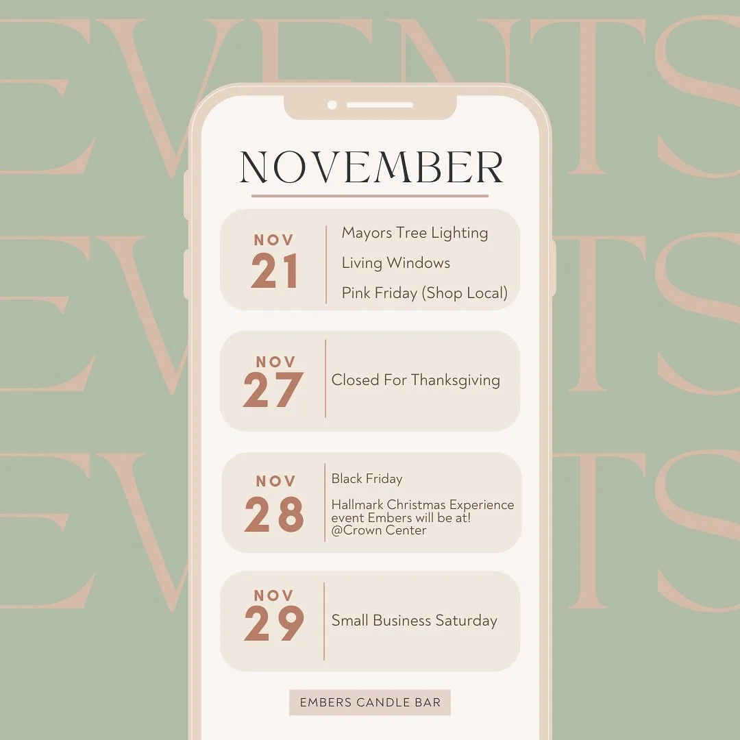 Your favorite Candle Bar has a stacked end of November! 
&bull;
Check out all the events we have coming up and keep an eye on our socials for more details and updates, you won&rsquo;t want to miss these! 🍂✨🫶🏼
