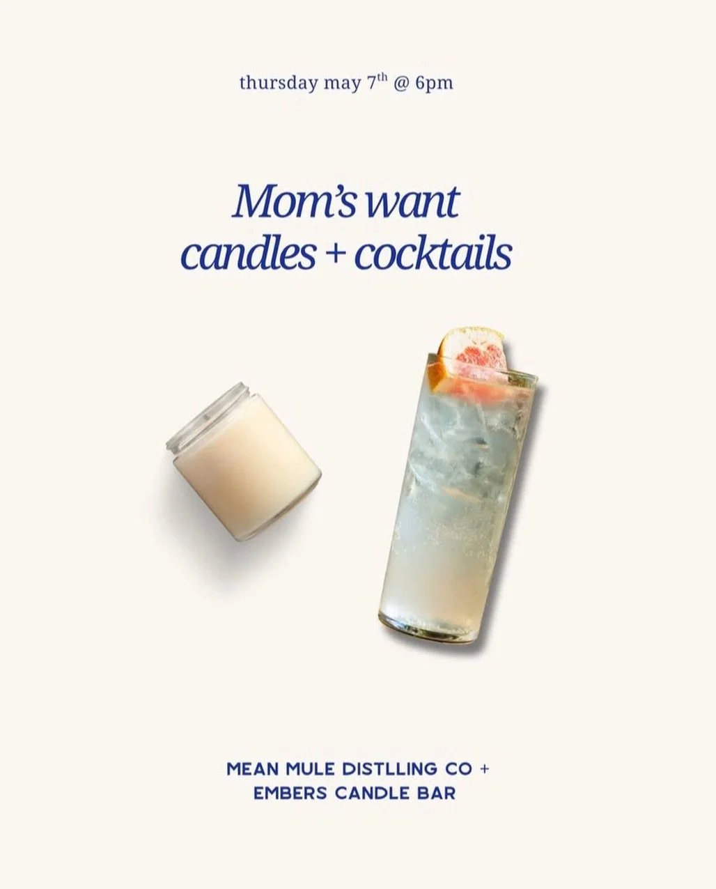 Embers is popping up at @meanmuledistillingco this Thursday, May 7th 

Join us for a special Mother&rsquo;s Day candle making party&mdash;sip on cocktails while you create your own custom candle. 
Grab your ticket through the link in our bio 🎟️
