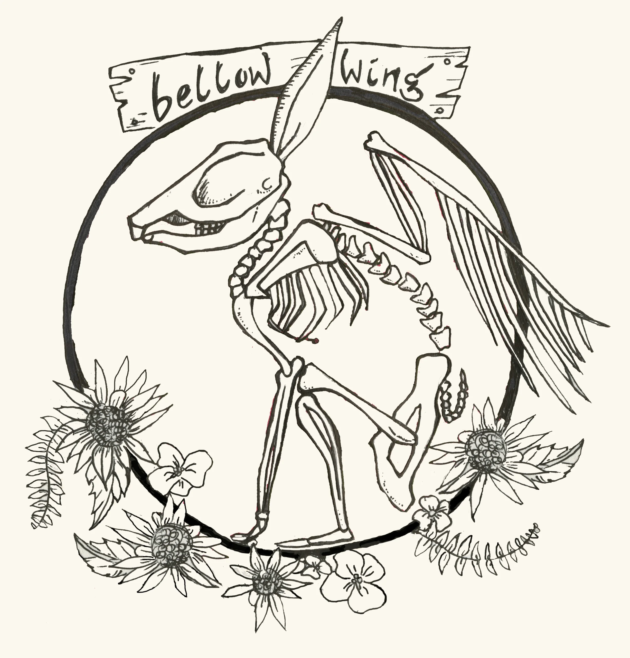 bellow wing winged rabbit skeleton logo drawing