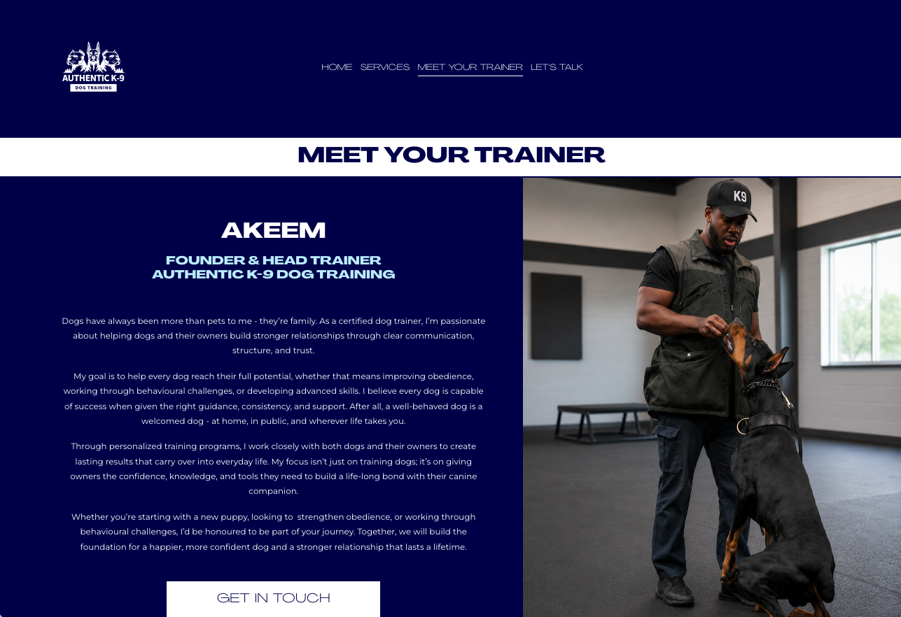 Authentic K-9 Meet Your Trainer page