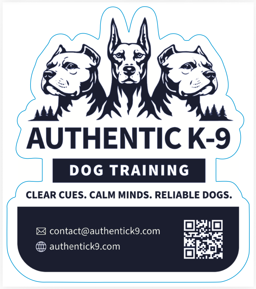 Authentic K-9 die-cut magnet with tagline, contact details and QR code