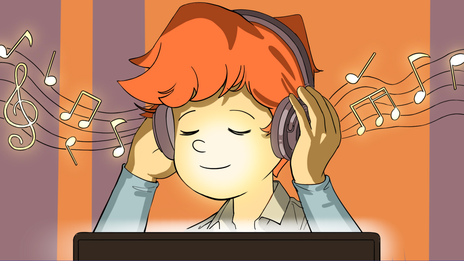 MindKit comic character listening to music with headphones