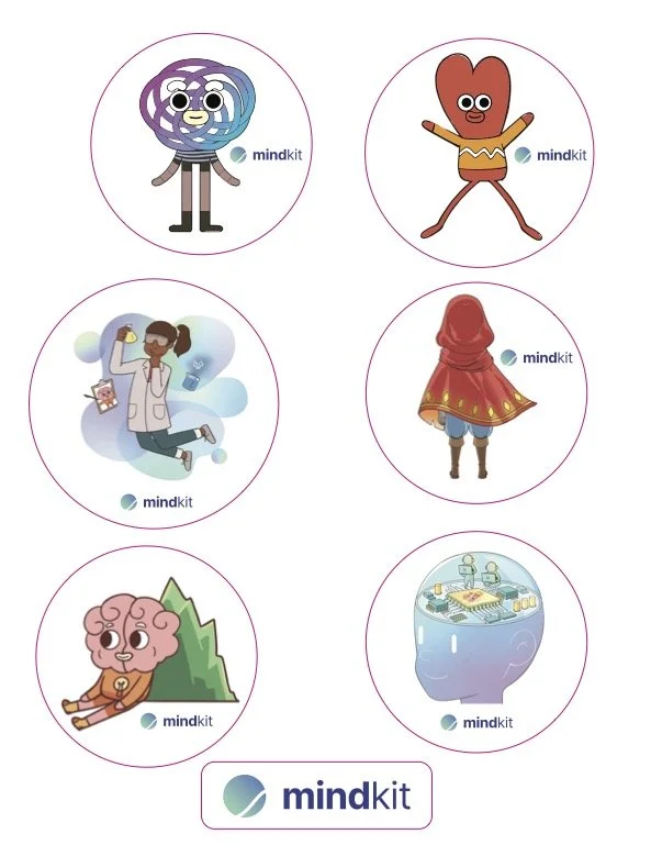 MindKit sticker sheet featuring six MindKit characters