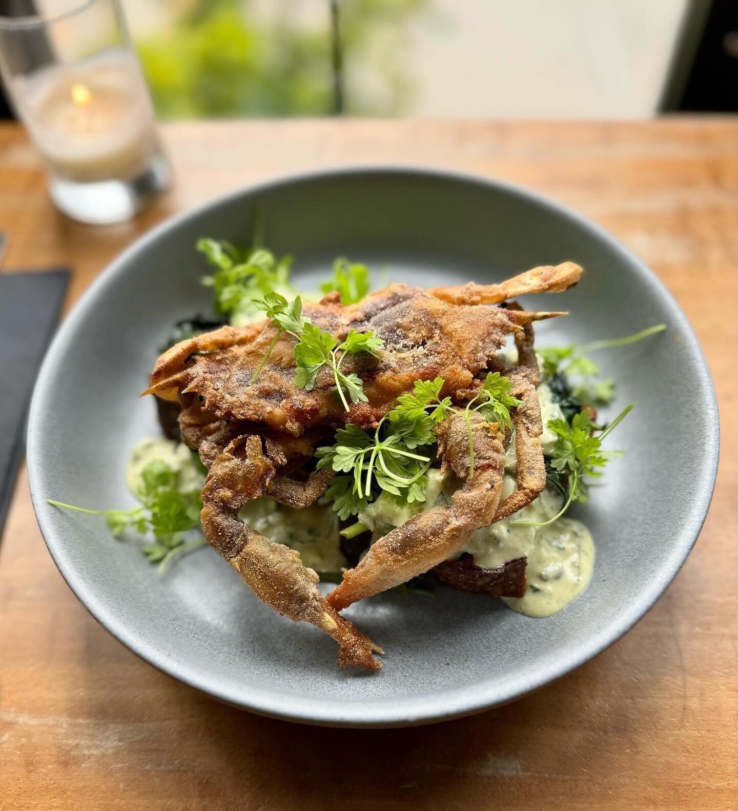 This weekend for dinner we&rsquo;ll be serving soft shell crab over house made focaccia, with sauce gribiche and water spinach 🦀🥬 this special will only last for this weekend, so don&rsquo;t miss out!
.
.
.
.
.

#mamafox #cometomama #bedstuy #brook