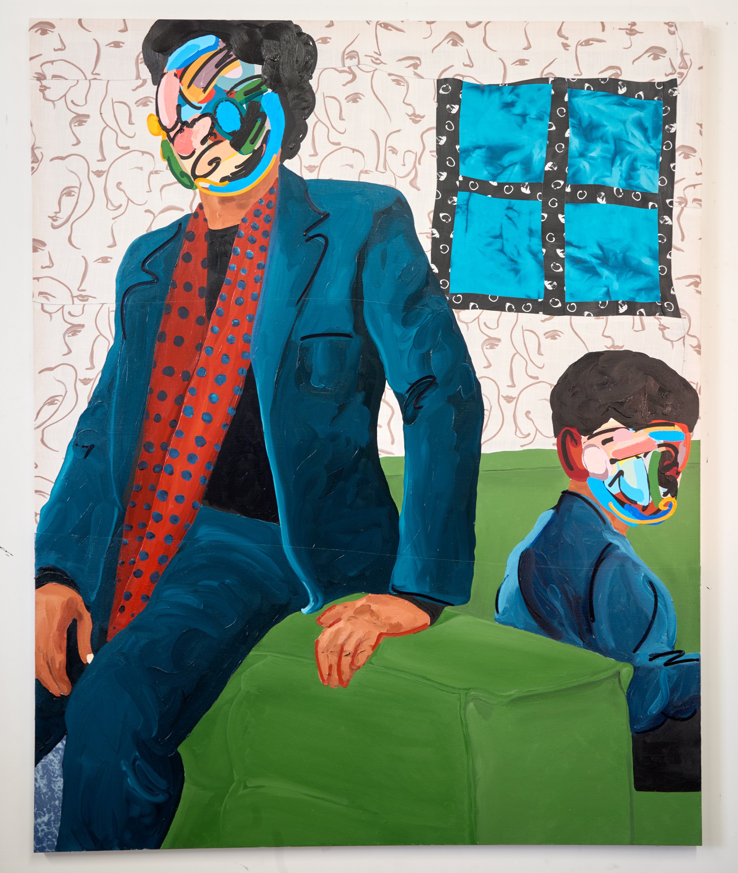  “Us and Elvis Guy Went to the Radisson”  Oil, acrylic, alkyd and flashe on sewn textiles  68” x 55” 