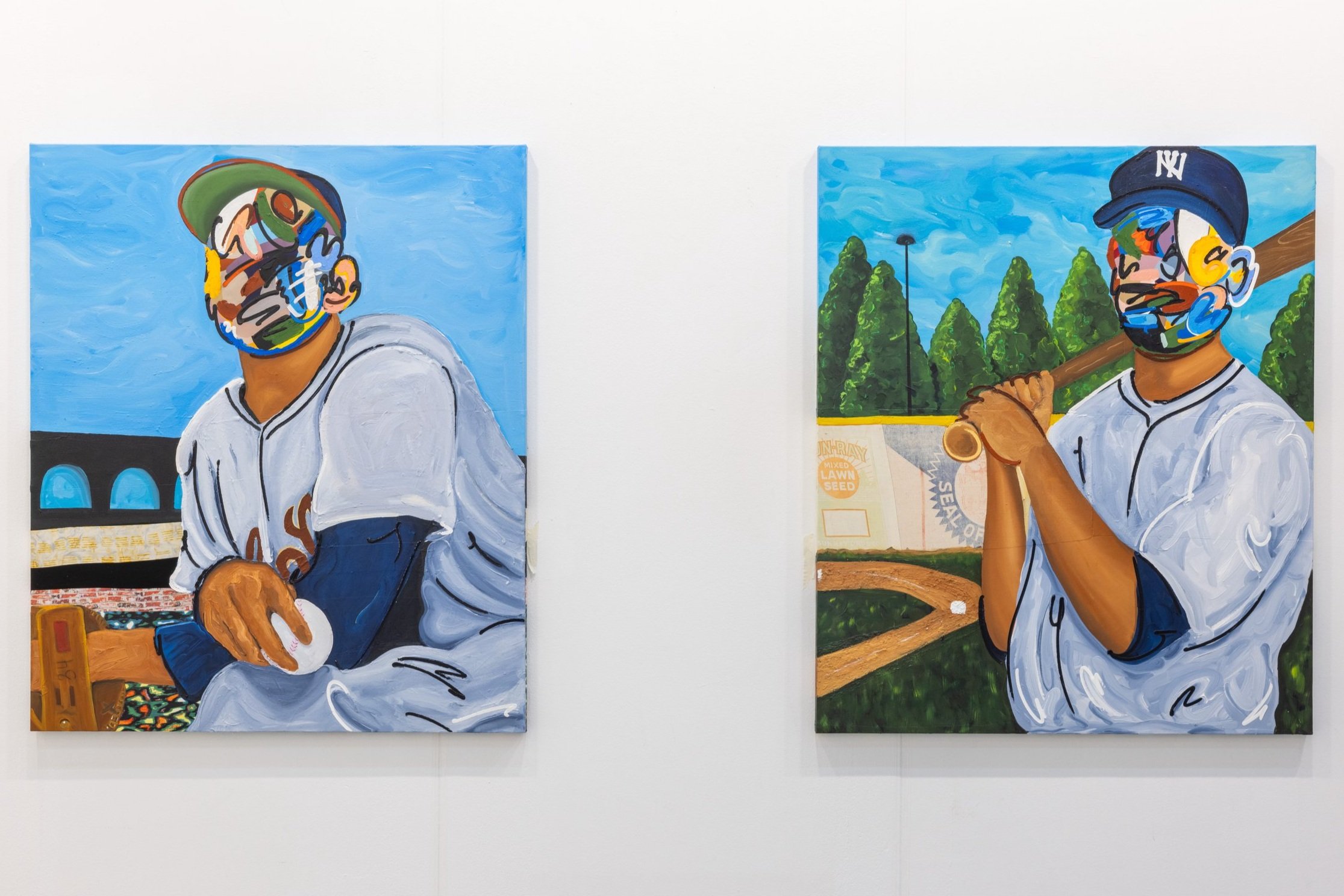  (left) “Big Willy and the Sausalito Slingers”  Oil, oil stick, acrylic and alkyd on canvas sewn to textiles  (right) “I’m a Butter Cutter”  Oil, oil stick, acrylic, alkyd, pumice and sand on canvas sewn to textiles  50” x 42” each 