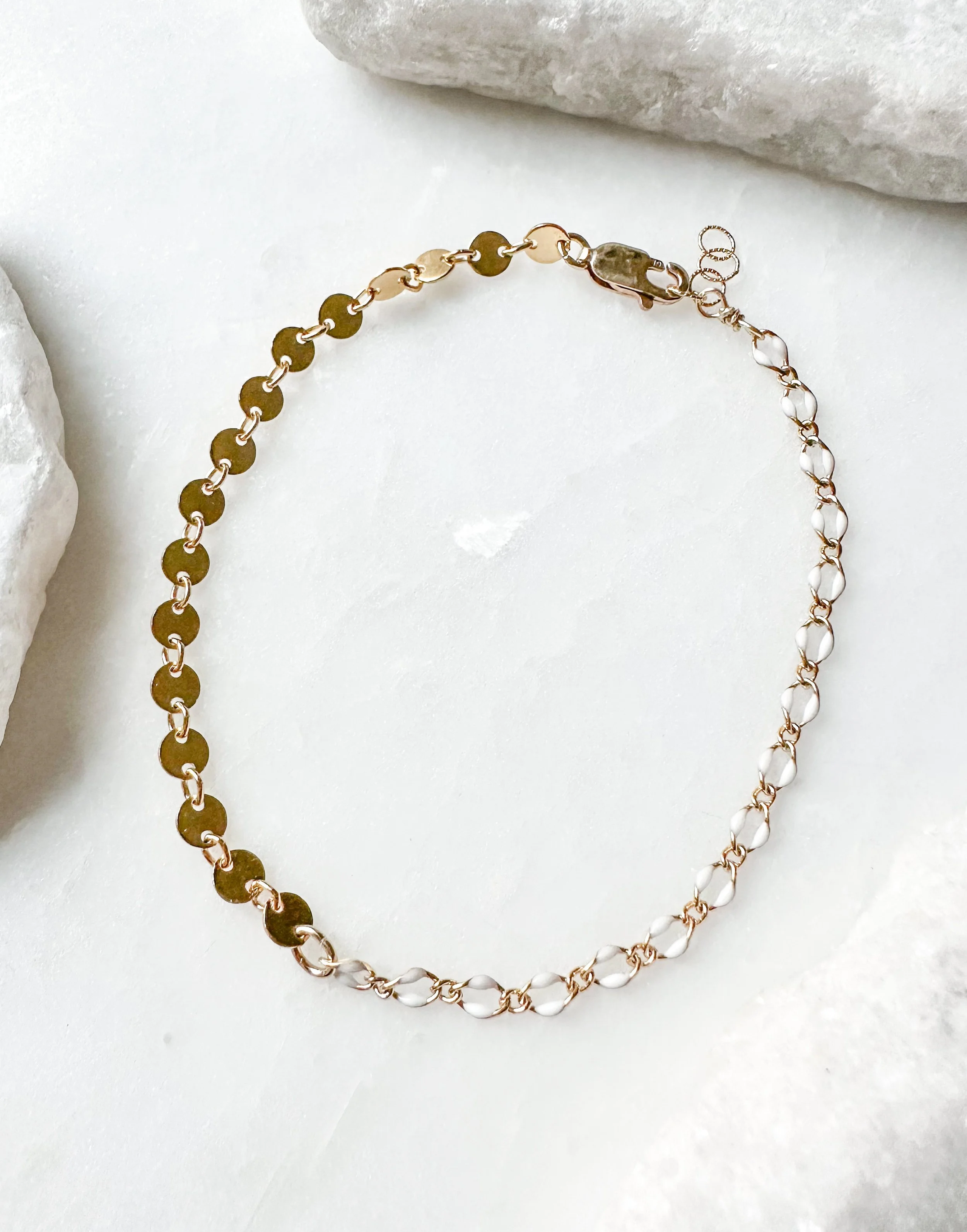 White enamel and coin chain mixed metal bracelet