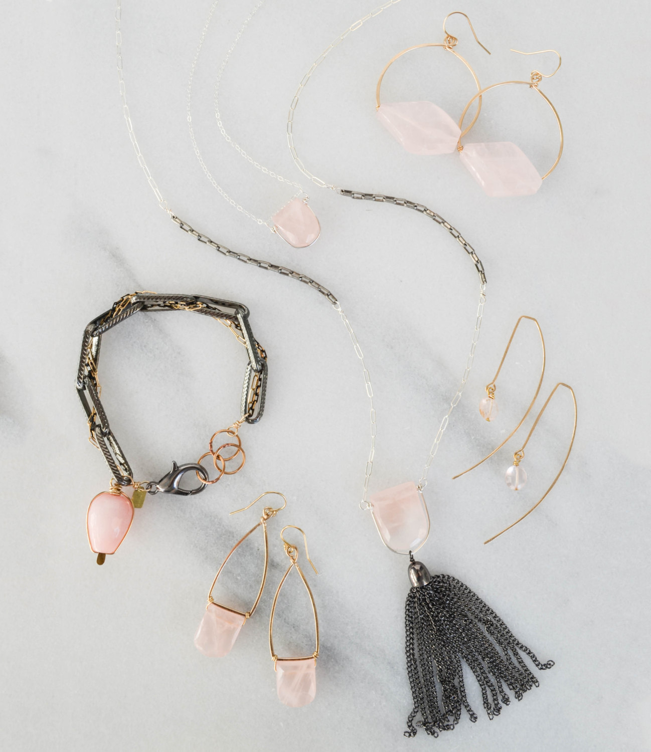 Rose quartz pink modern hoop earrings — Rach B Jewelry