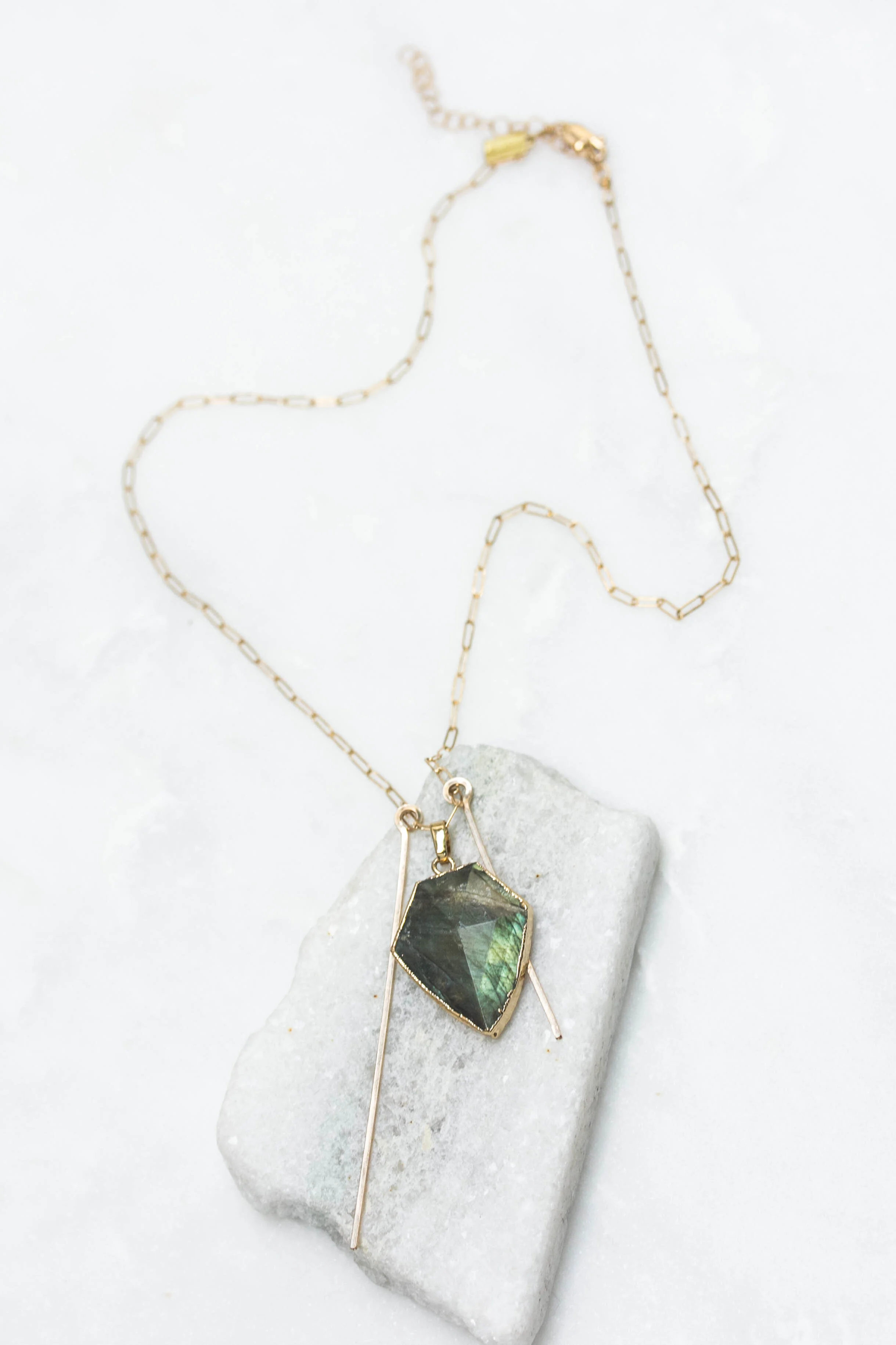 Labradorite prism double bar layering necklace