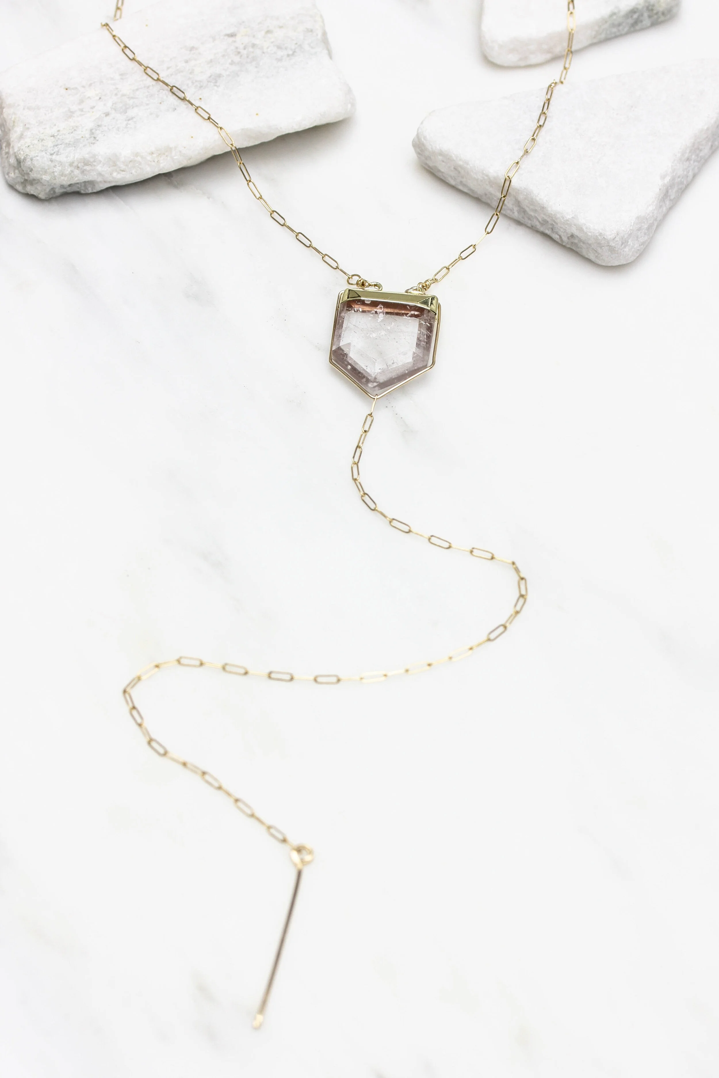Rock crystal quartz lariat y drop necklace