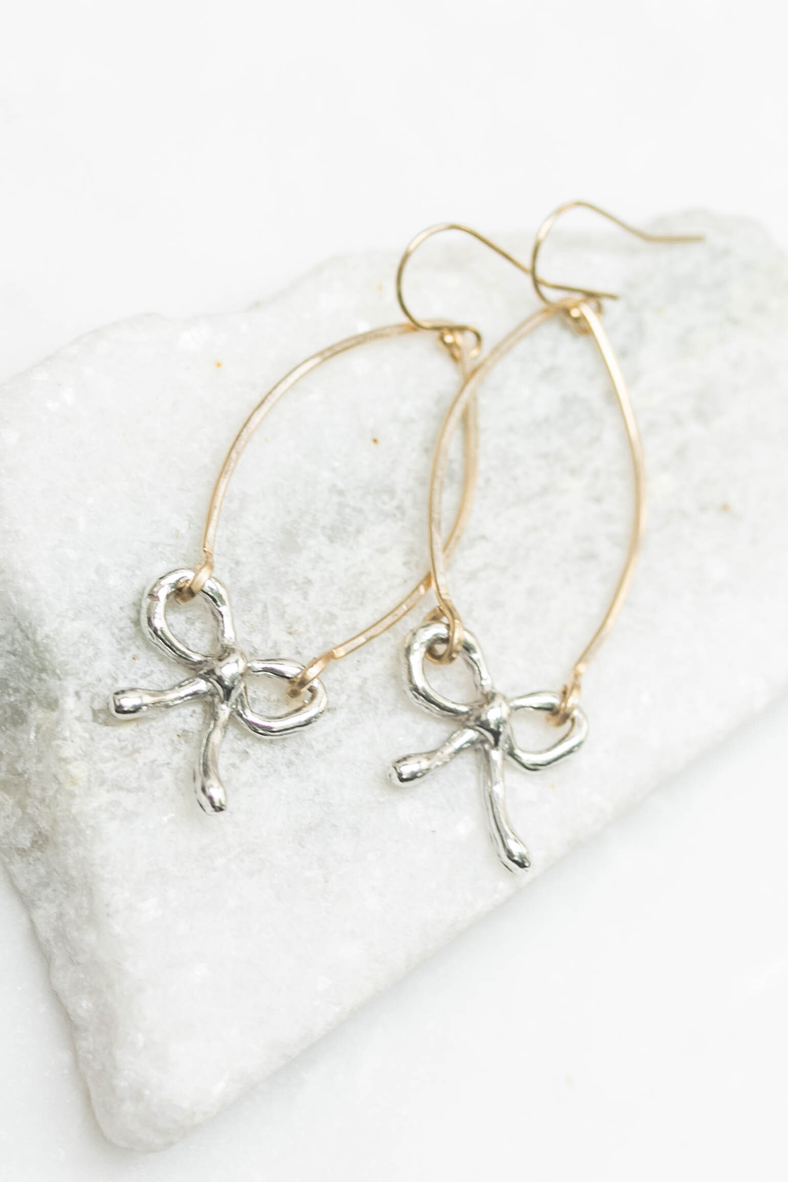 Ribbon bow arch hoop two-tone earrings — Rach B Jewelry