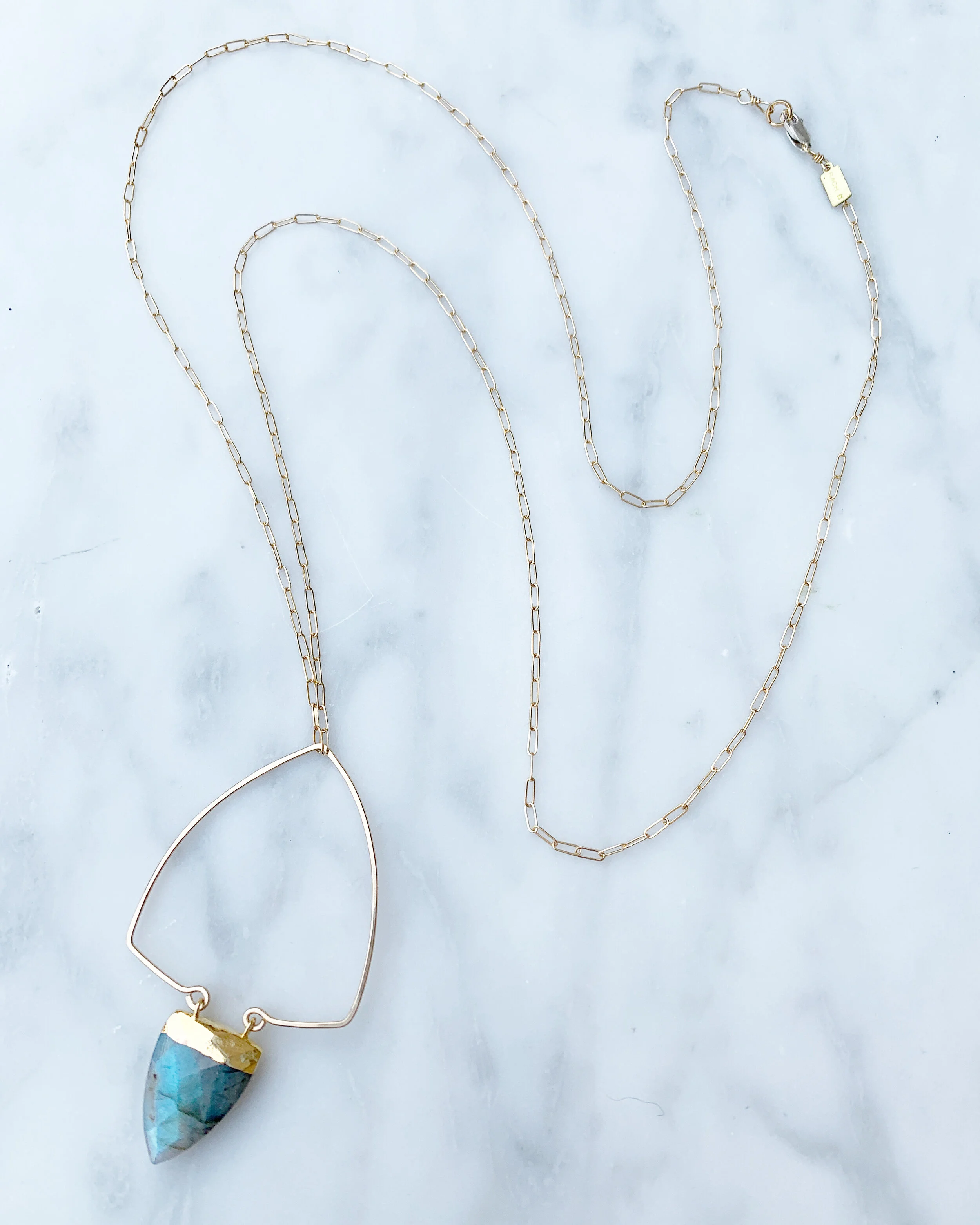 Labradorite triangle hoop pendant long necklace // 14k gold fill