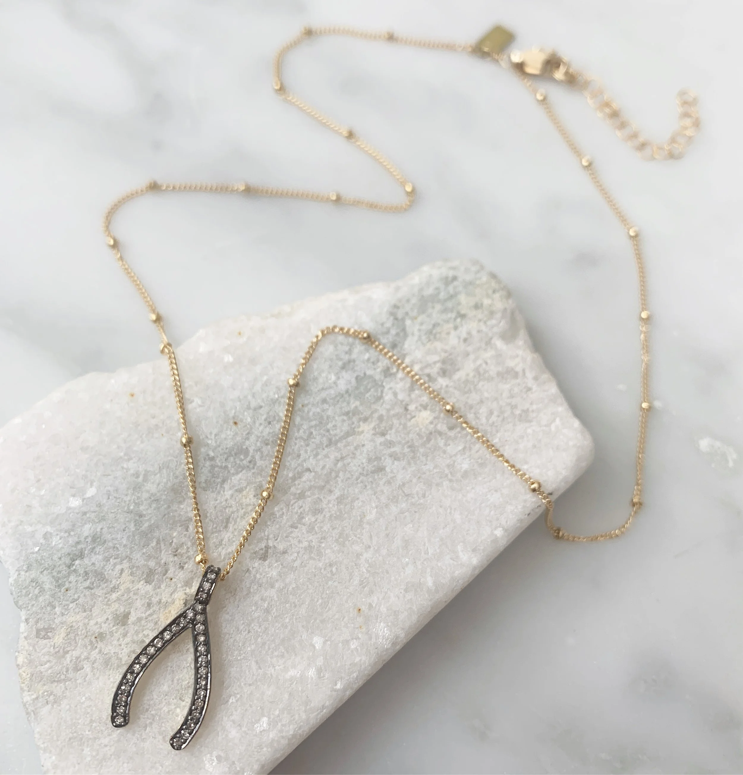 Diamond pave wishbone charm beaded chain necklace // 14k gold fill