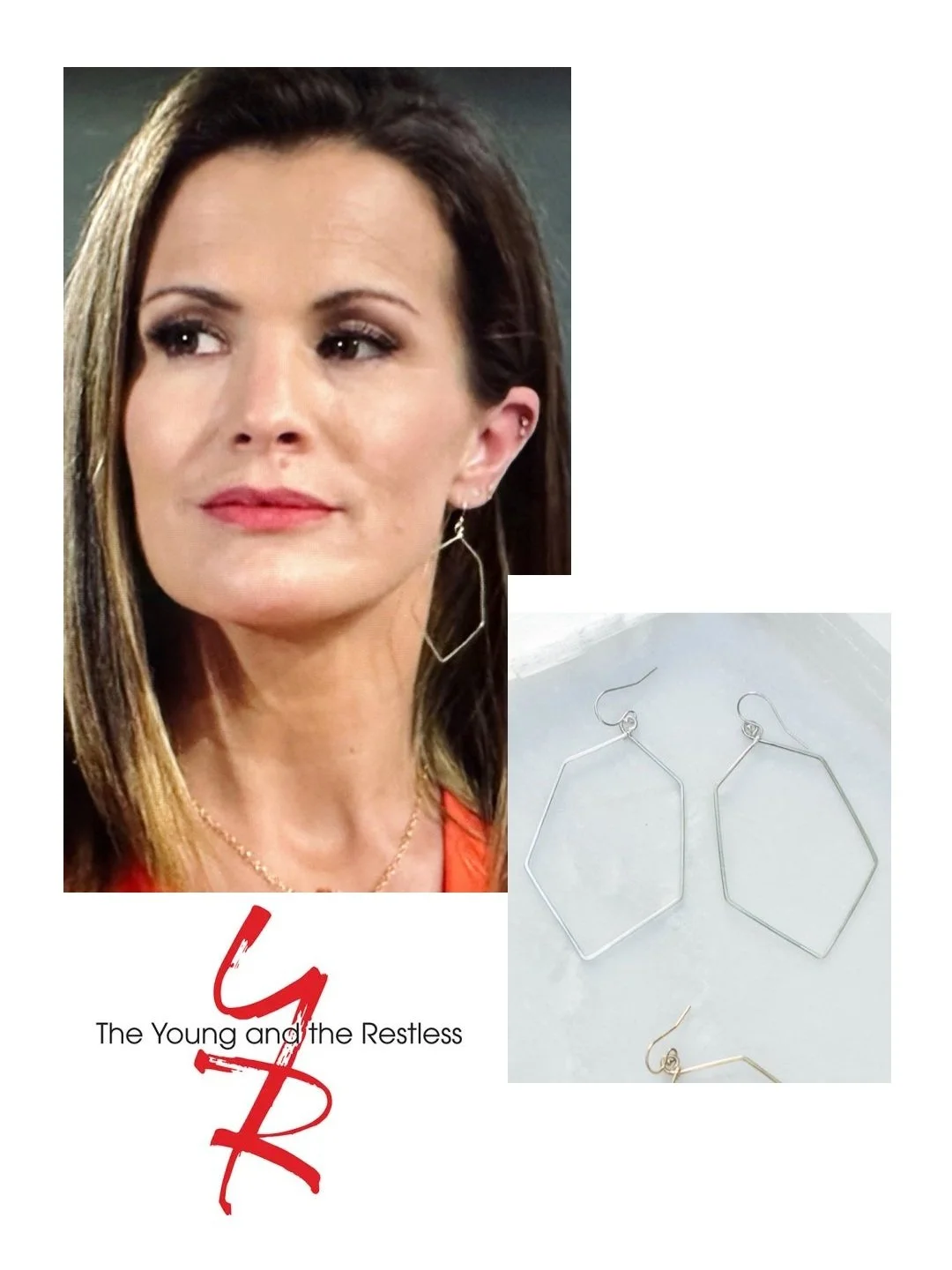  Featured on Young &amp; Restless, Melissa Claire Egan (as Chelsea Lawson) wears sterling wide hexagon hoop earrings. [E49.201] 