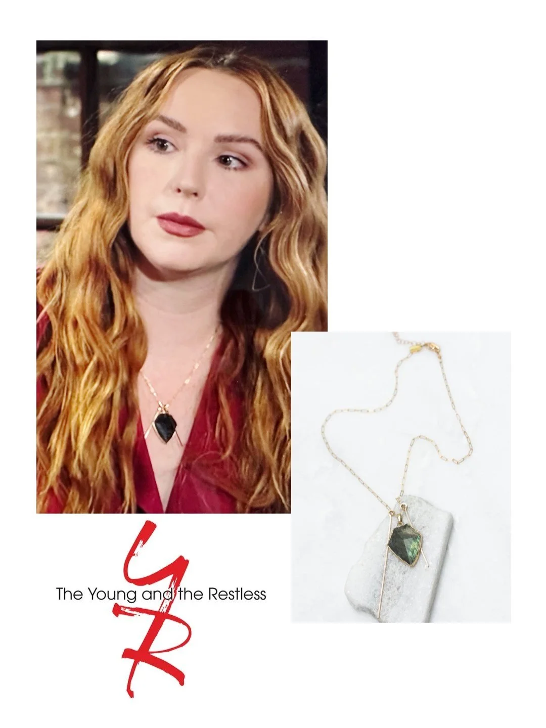  Featured on Young &amp; Restless, Camryn Grimes (as Mariah Copeland) wears the labradorite double bar necklace. [E49.192] 