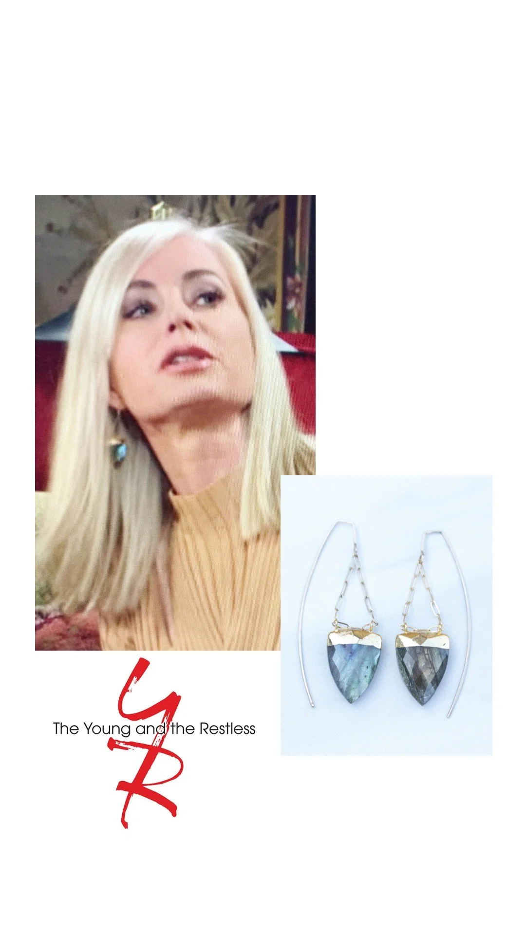  Featured on Young &amp; Restless, Eileen Davidson (as Ashley Abbott) wears labradorite chain threader earrings. [Season 49] 