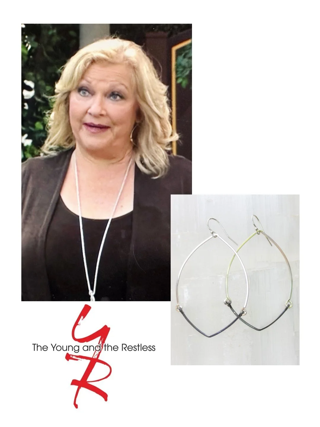  Featured on Young &amp; Restless, Beth Maitland (as Traci Abbott) wear mixed metal marquise hoop earrings. [E49.165] 